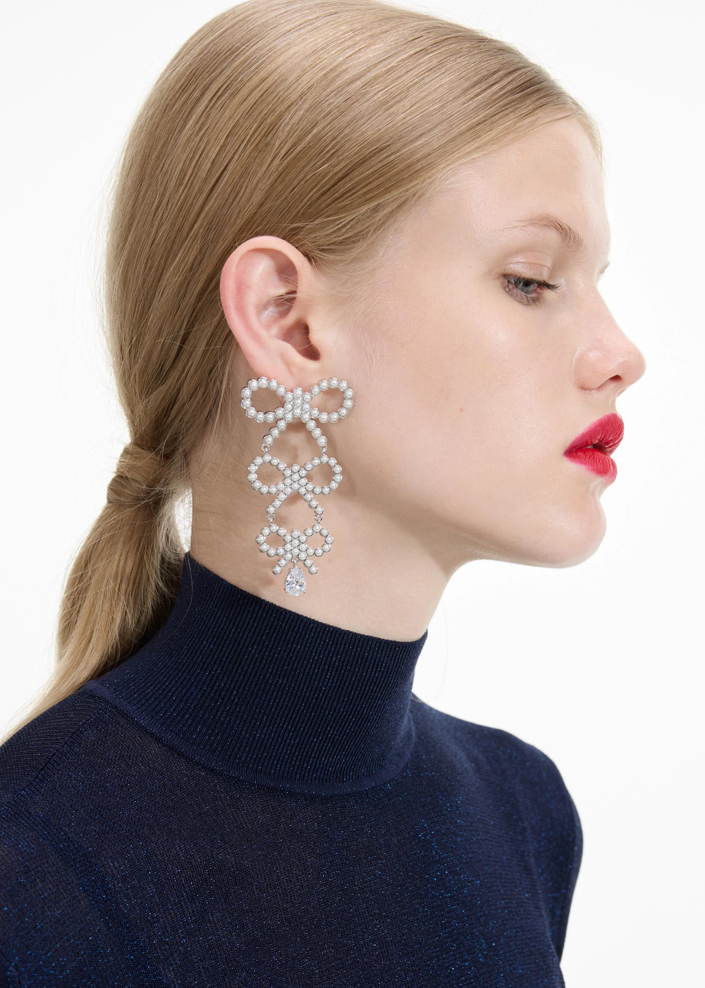 Tiered Pearl Bow Earrings - Image 2