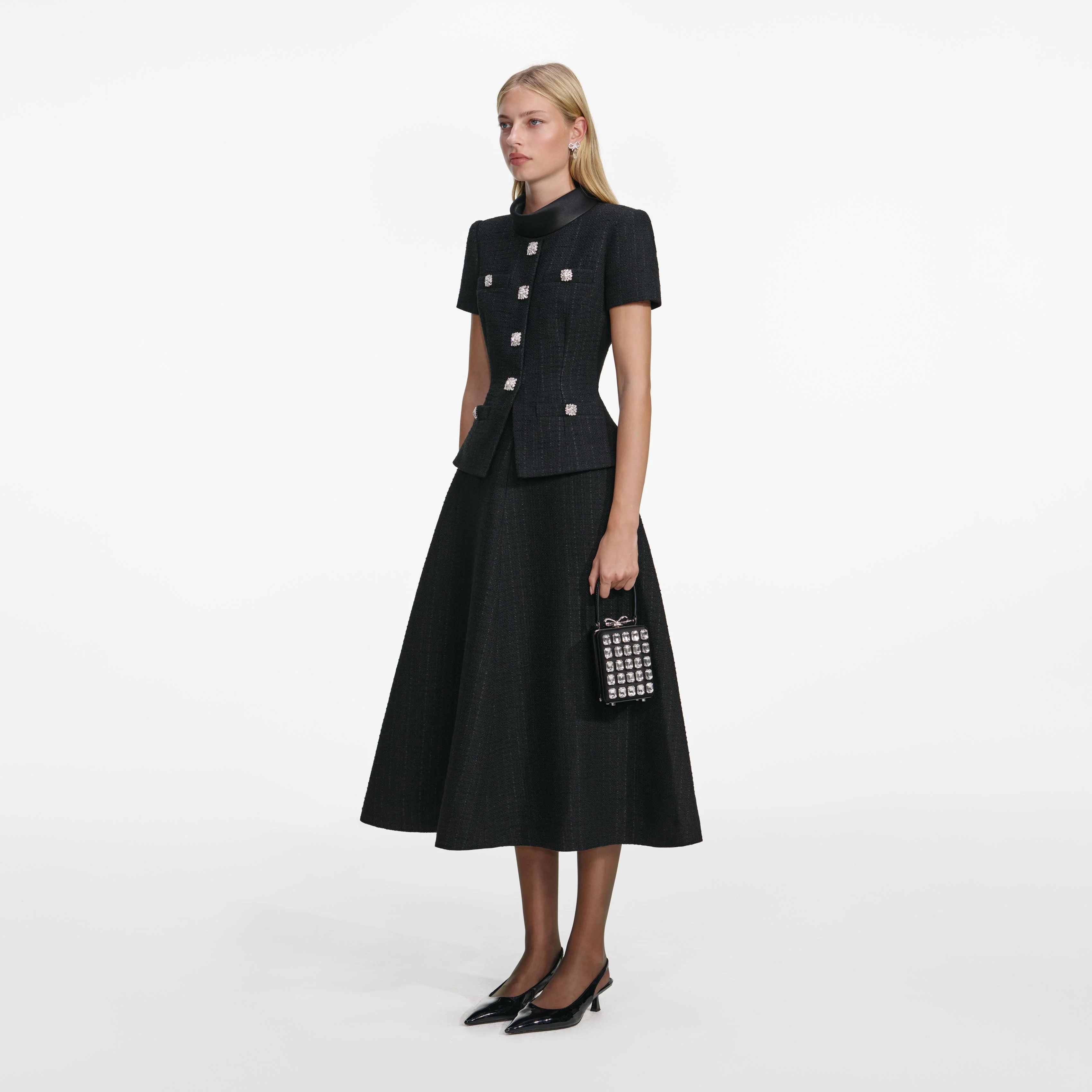 Black Boucle Collared Midi Dress - Image 2