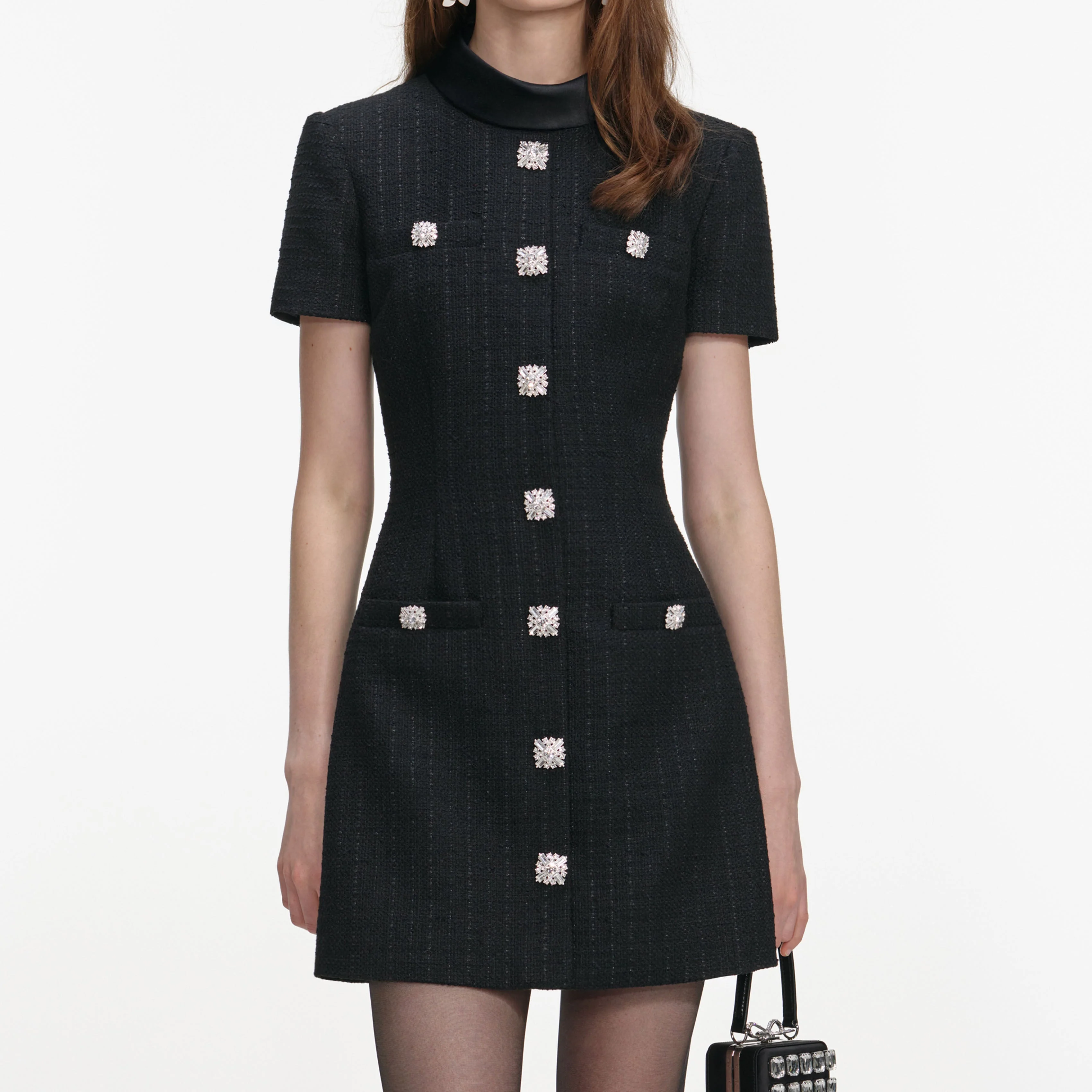 Black Boucle Collared Mini Dress - Image 4