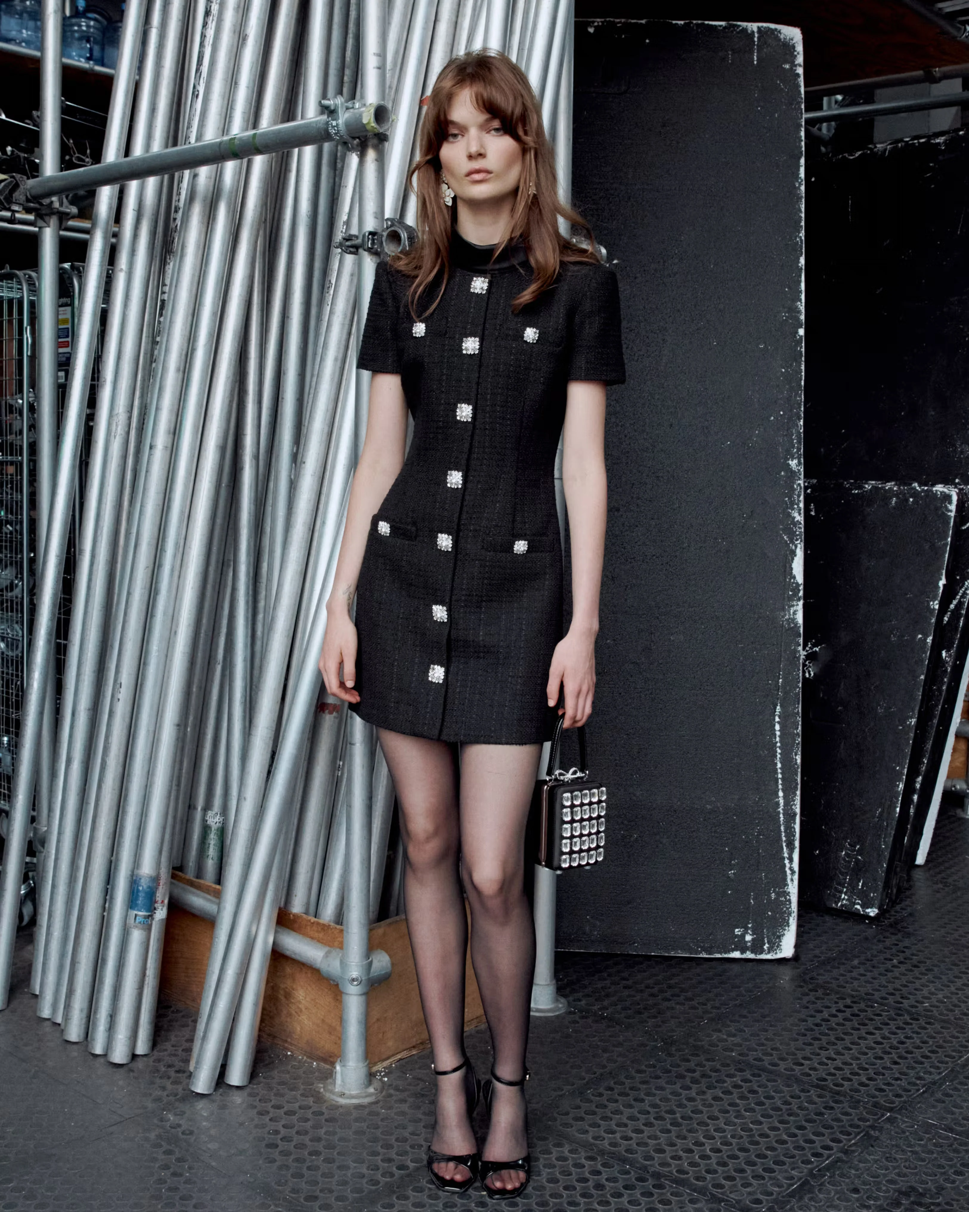 Black Boucle Collared Mini Dress - Image 6