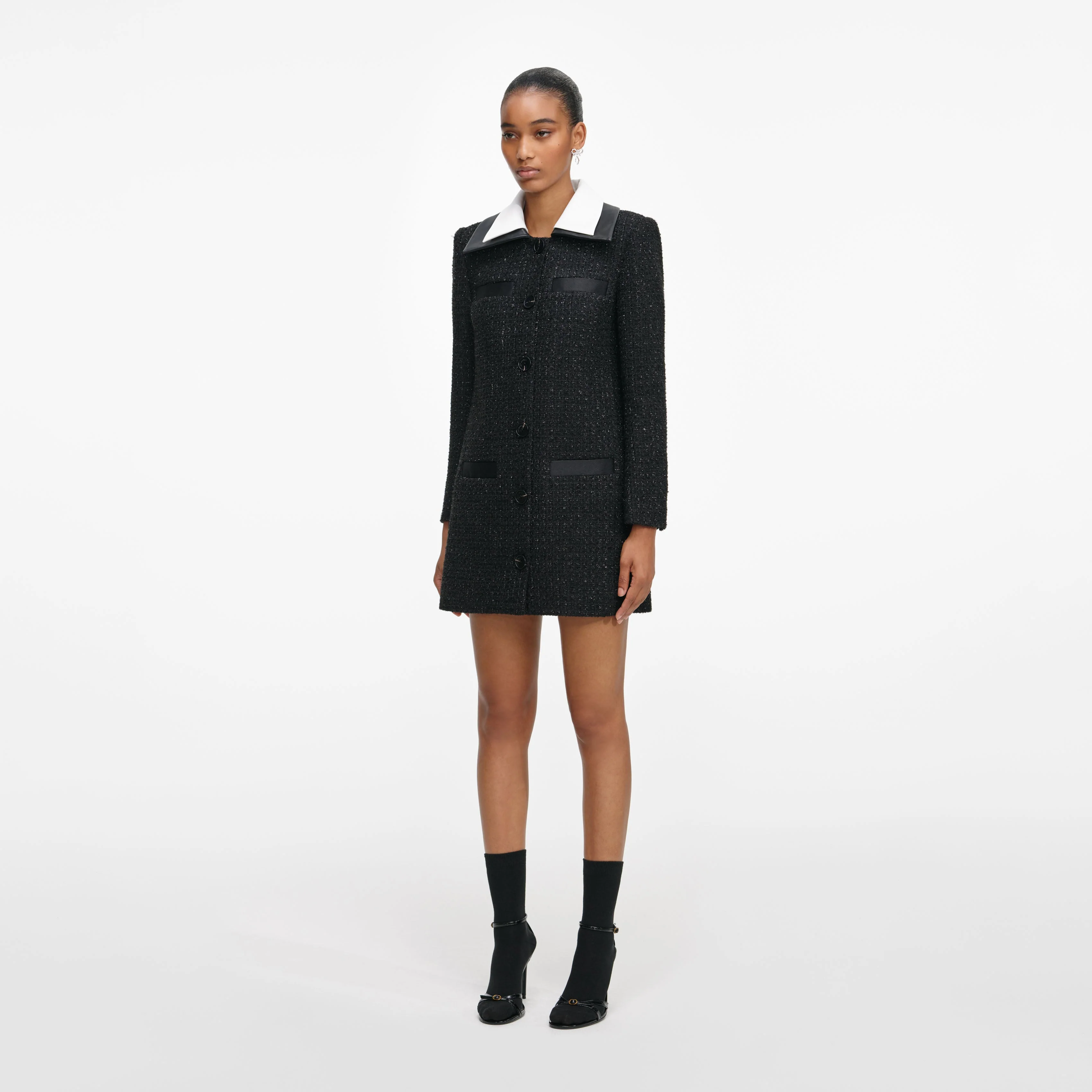 Black Boucle Contrast Collar Mini Dress - Image 2
