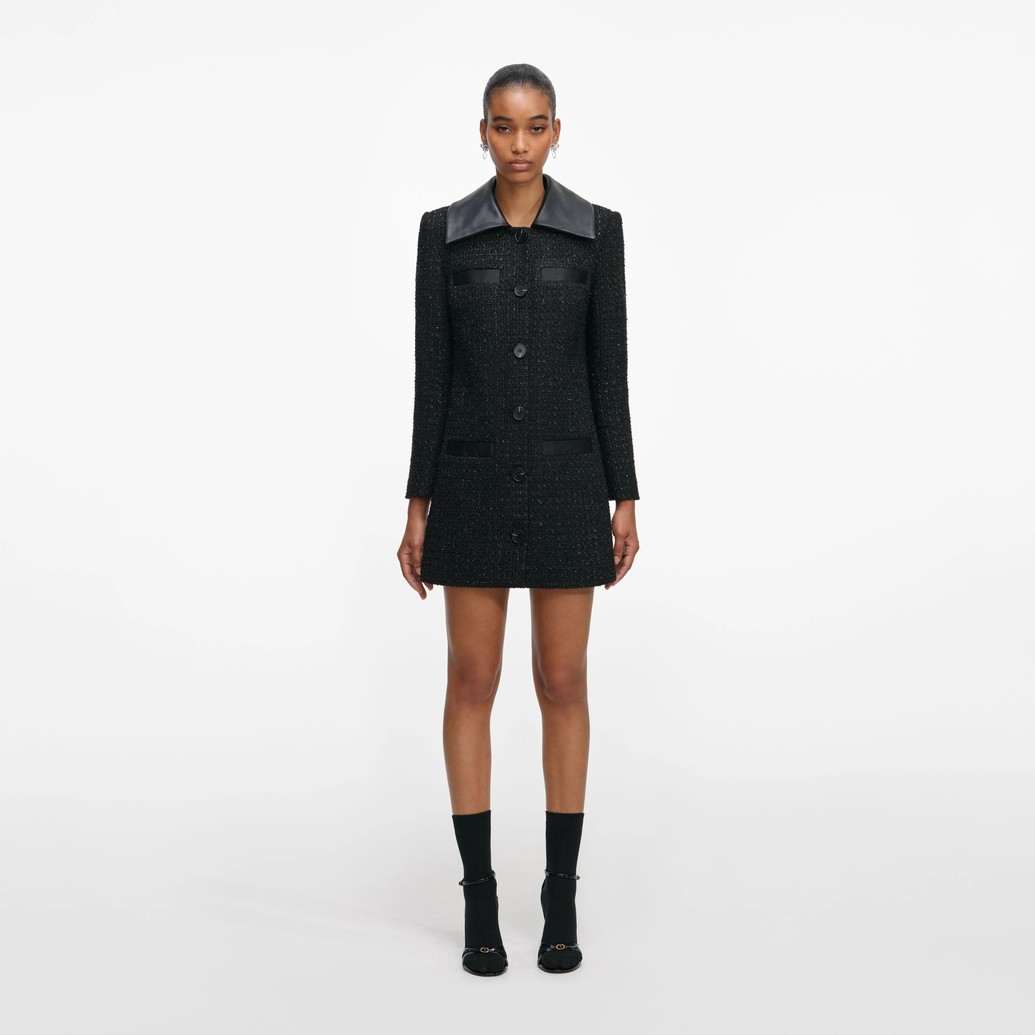 Black Boucle Contrast Collar Mini Dress - Image 4