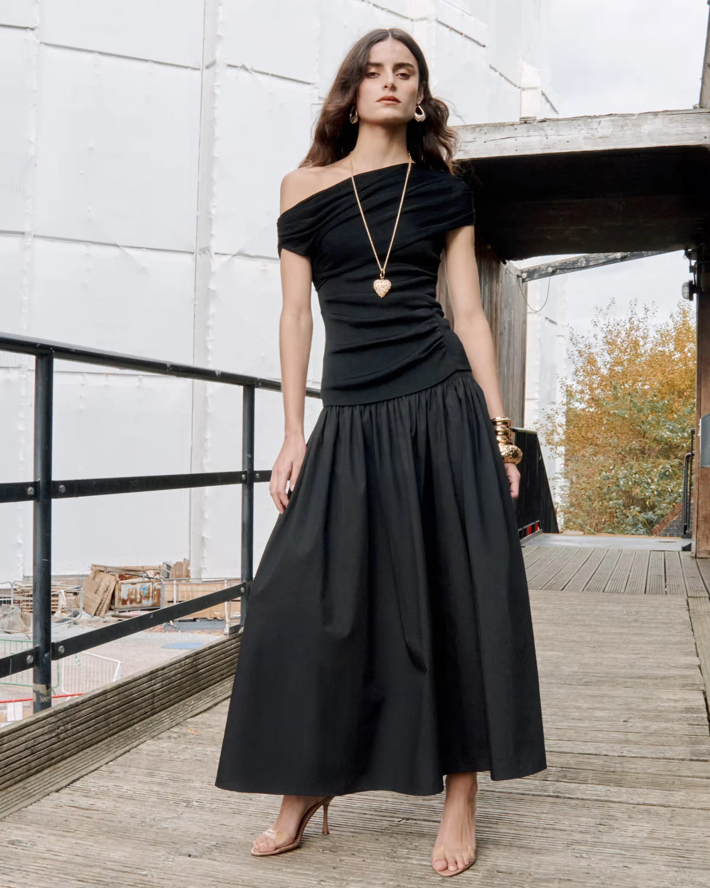 Black Cotton Draped Knit Midi Dress - Image 6