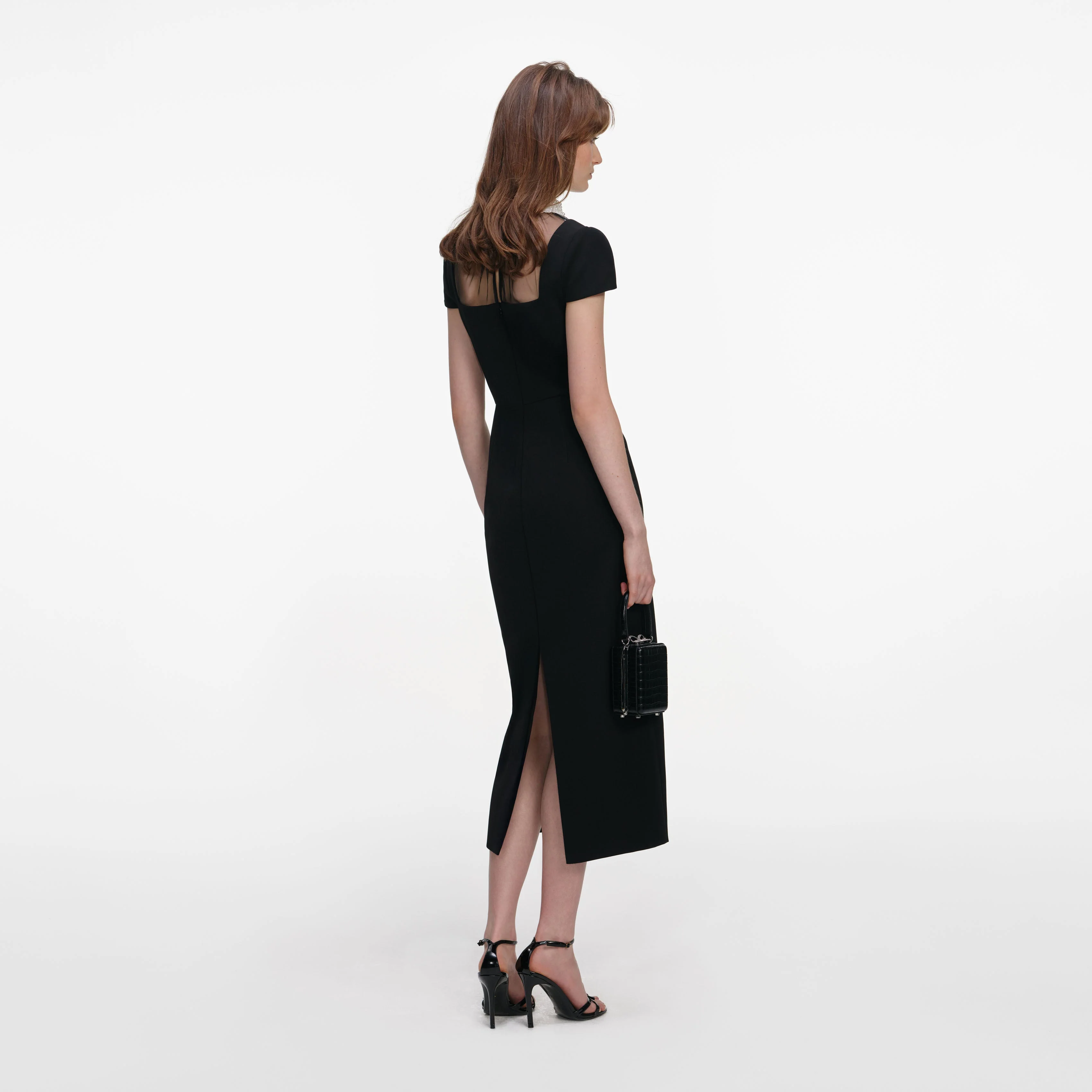 Black Crepe Bow Collar Midi Dress - Image 3
