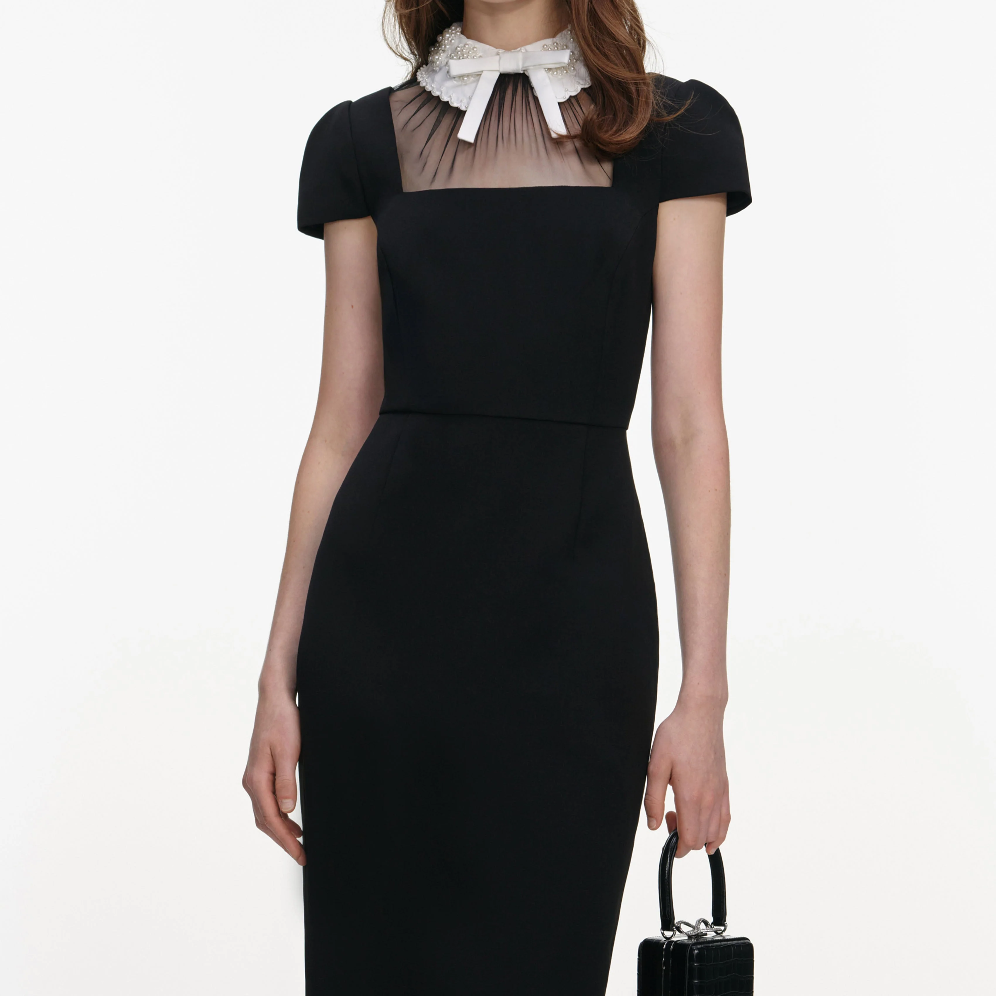 Black Crepe Bow Collar Midi Dress - Image 4