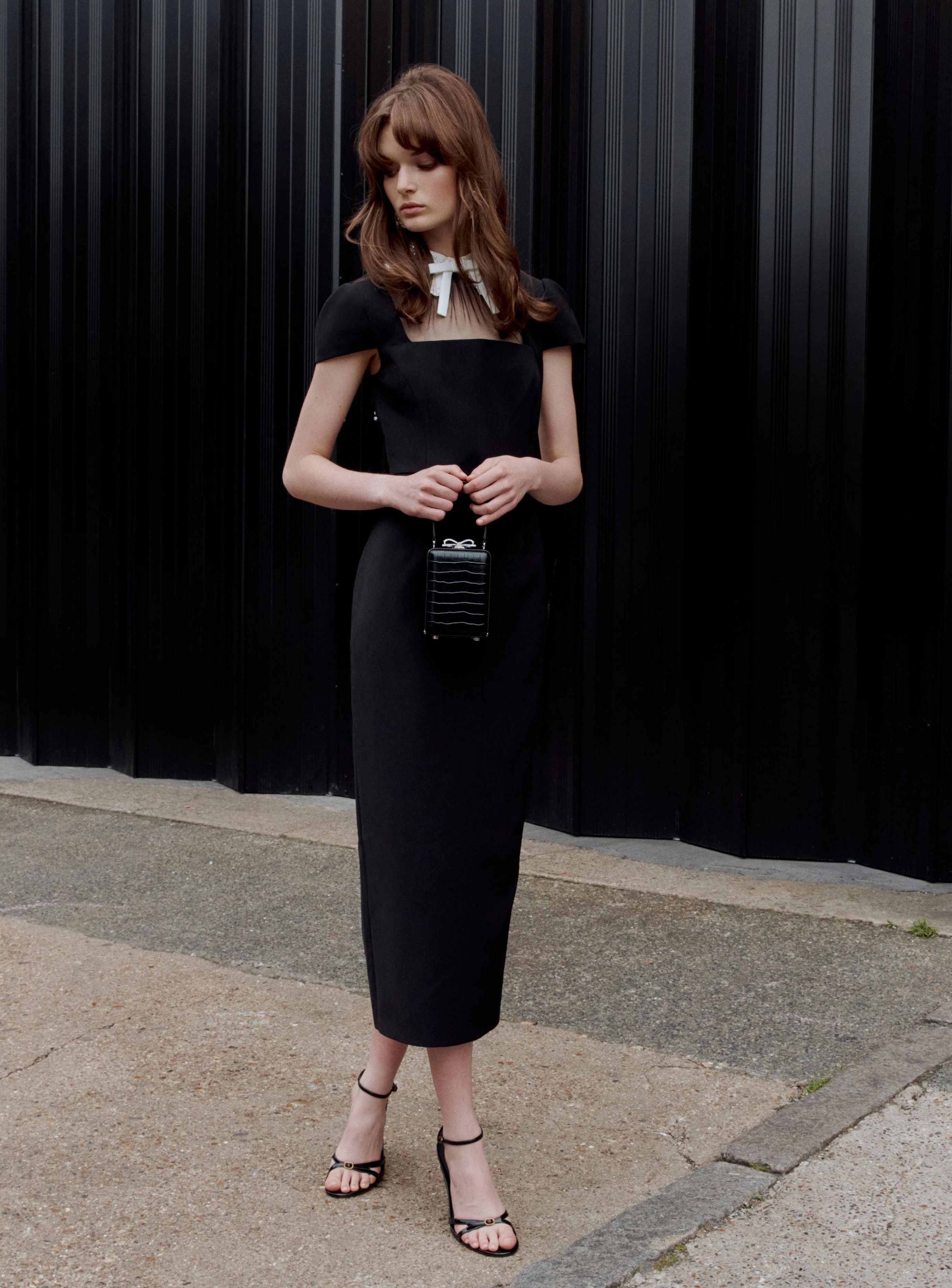 Black Crepe Bow Collar Midi Dress - Image 6