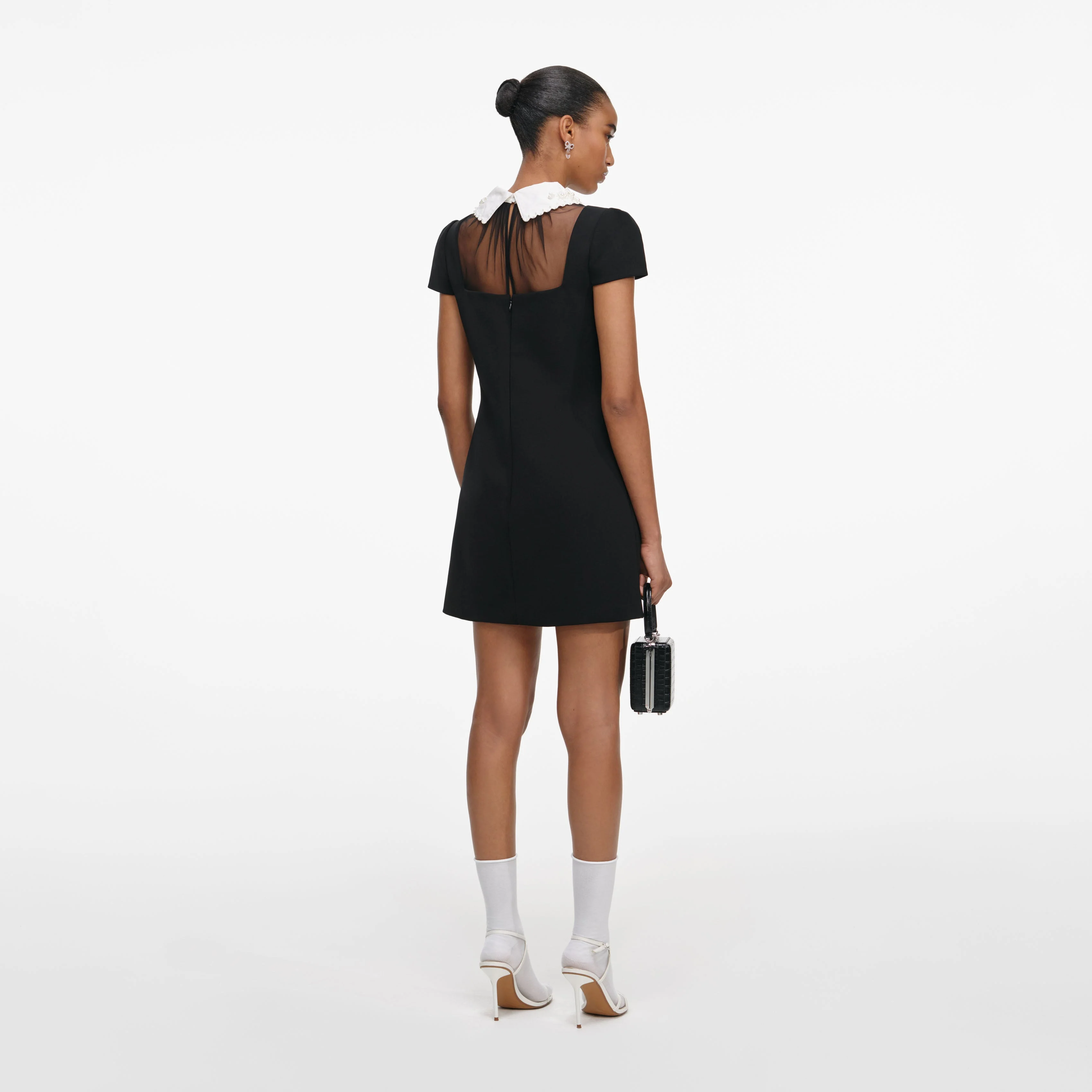 Black Crepe Bow Collar Mini Dress - Image 3