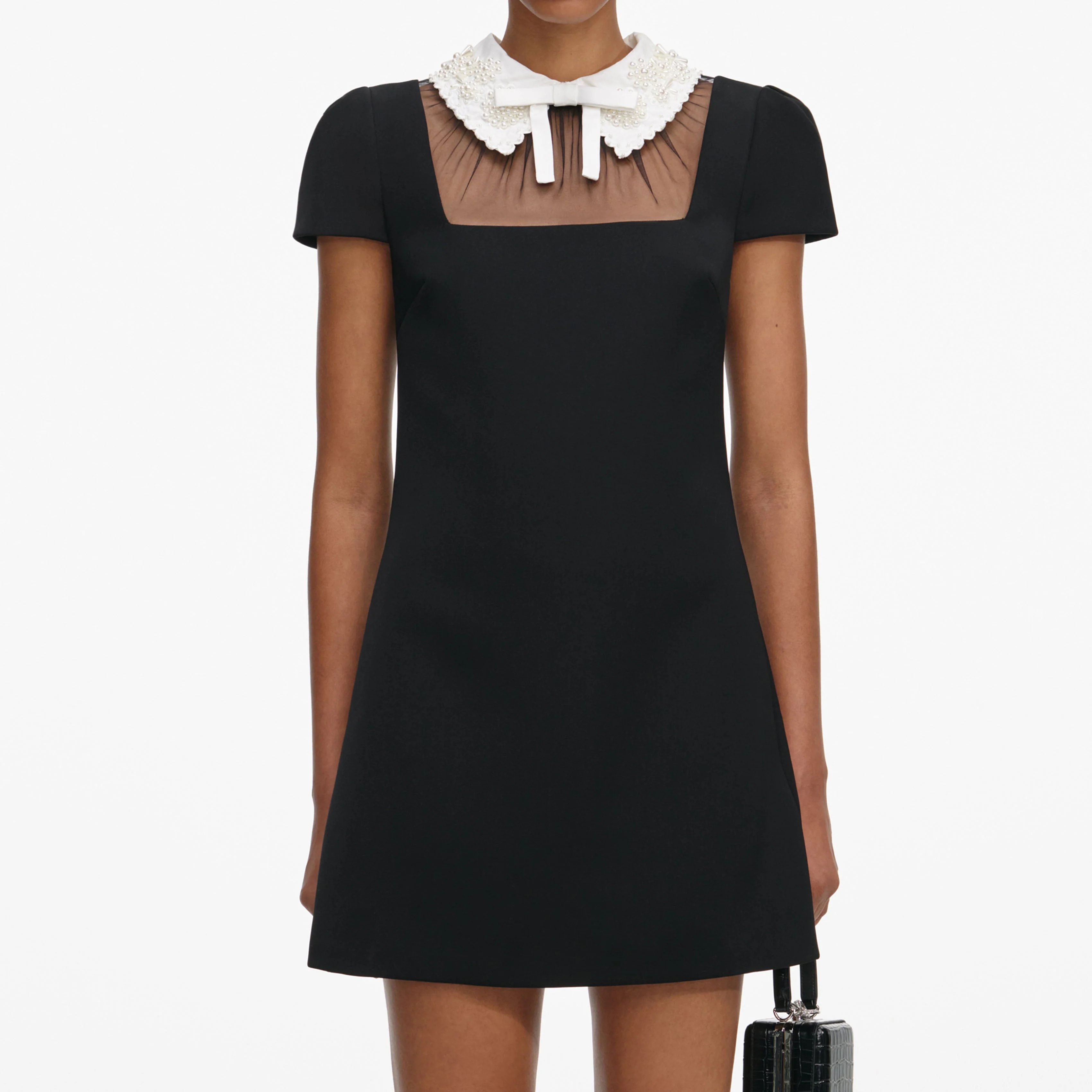 Black Crepe Bow Collar Mini Dress - Image 4