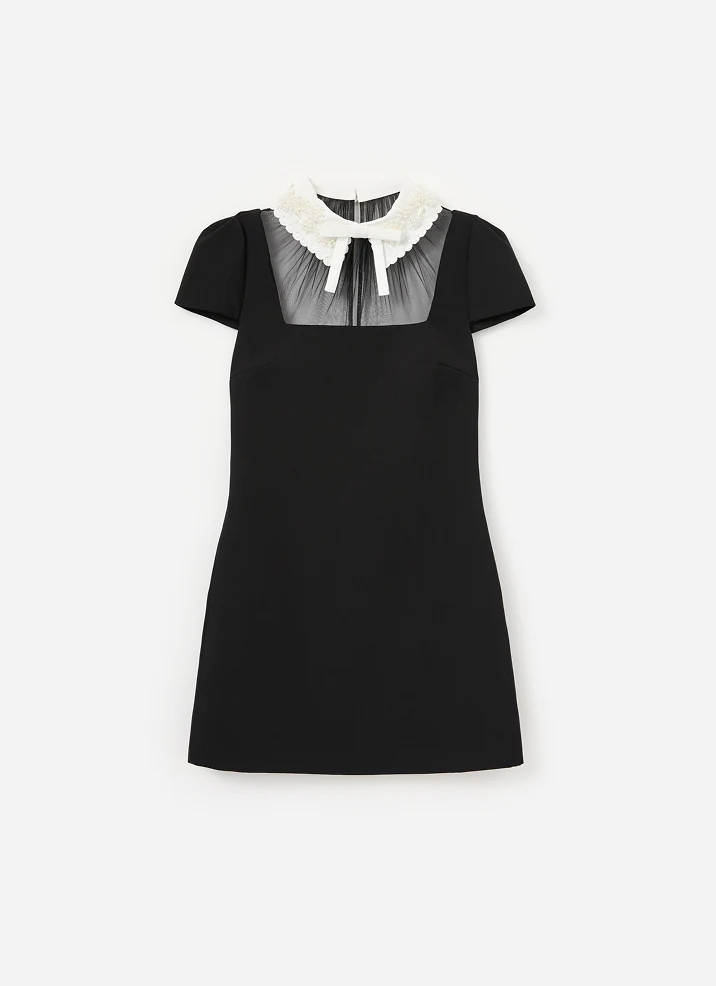 Black Crepe Bow Collar Mini Dress - Image 6
