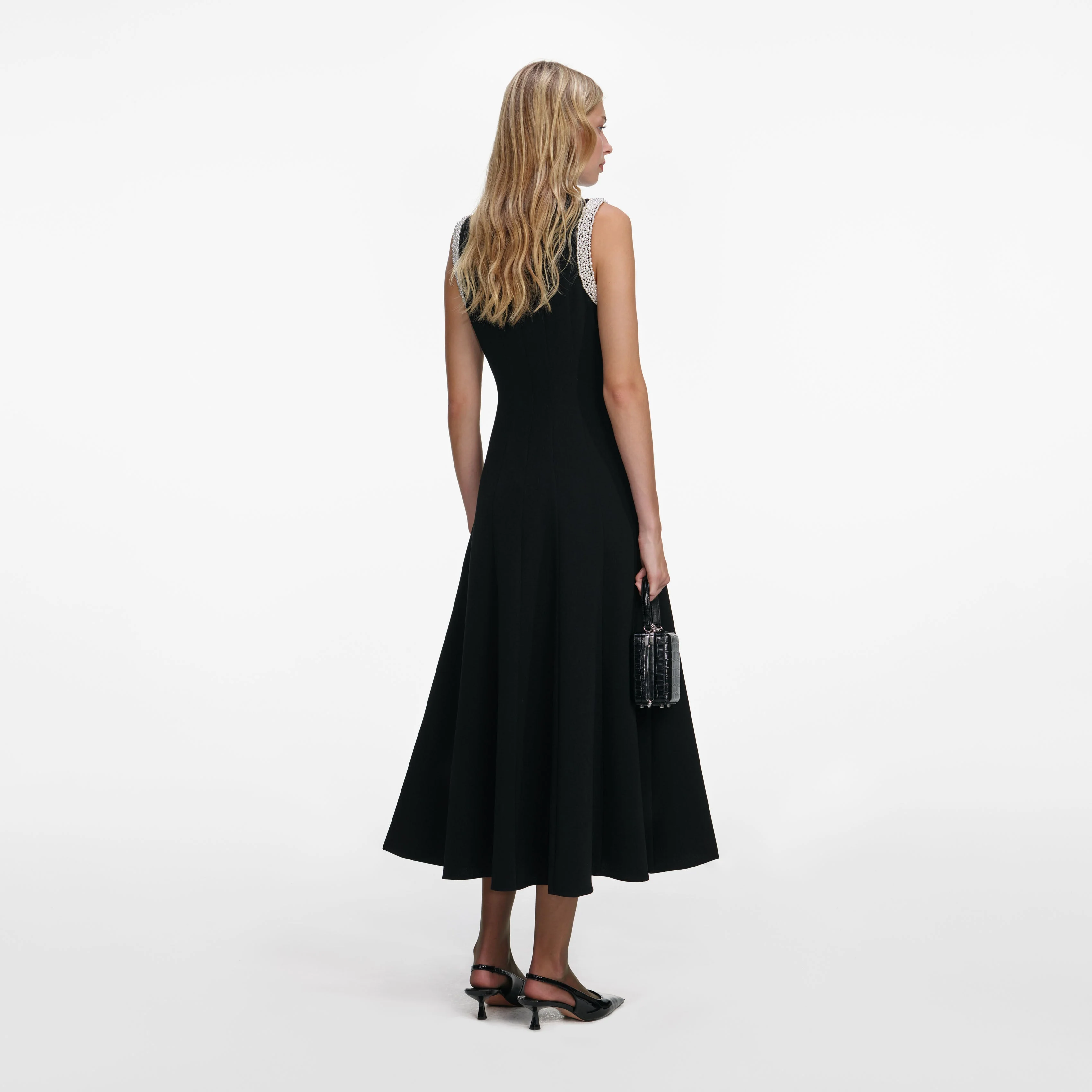 Black Crepe Pearl Trim Midi Dress - Image 3