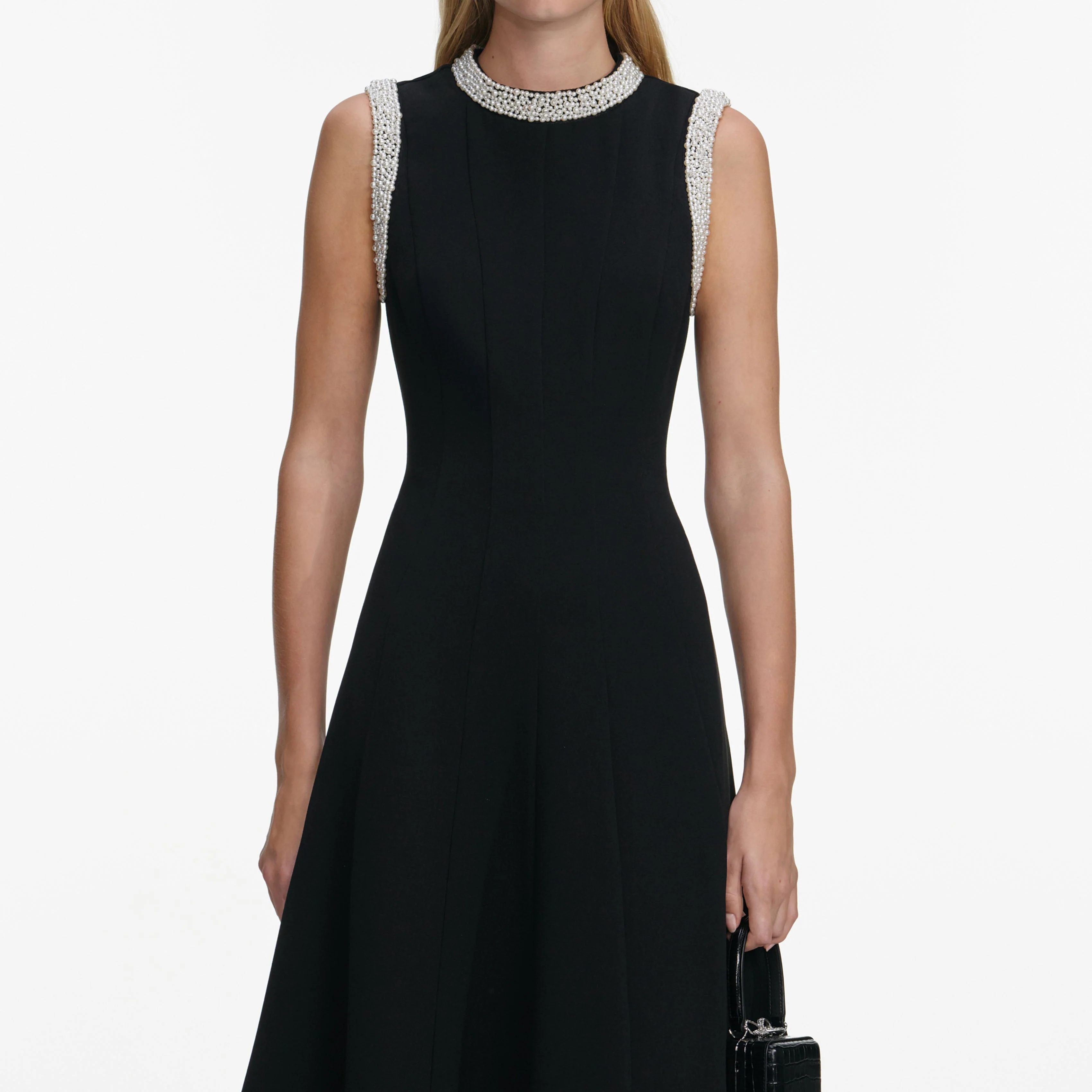 Black Crepe Pearl Trim Midi Dress - Image 4