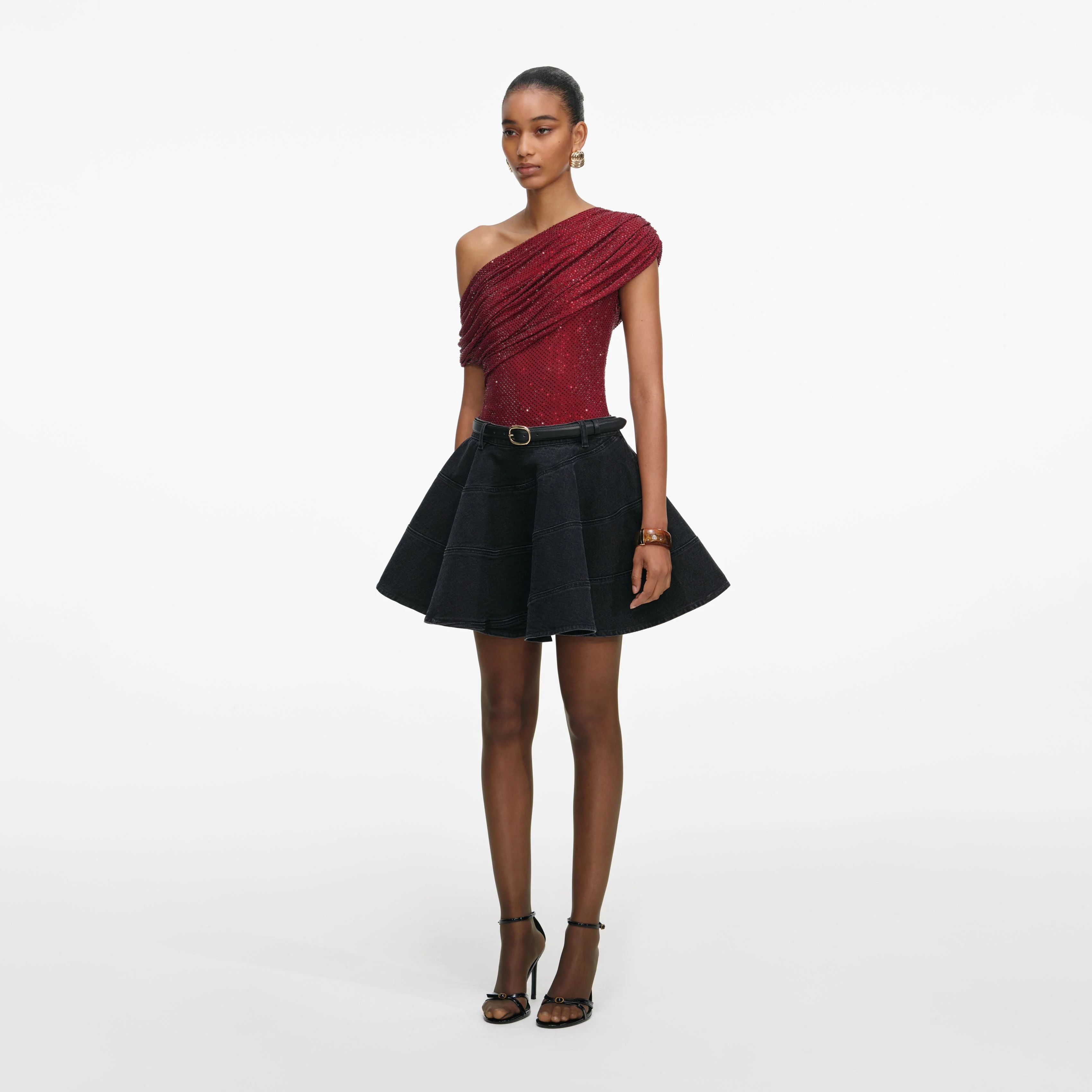 Black Flared Denim Mini Skirt - Image 2