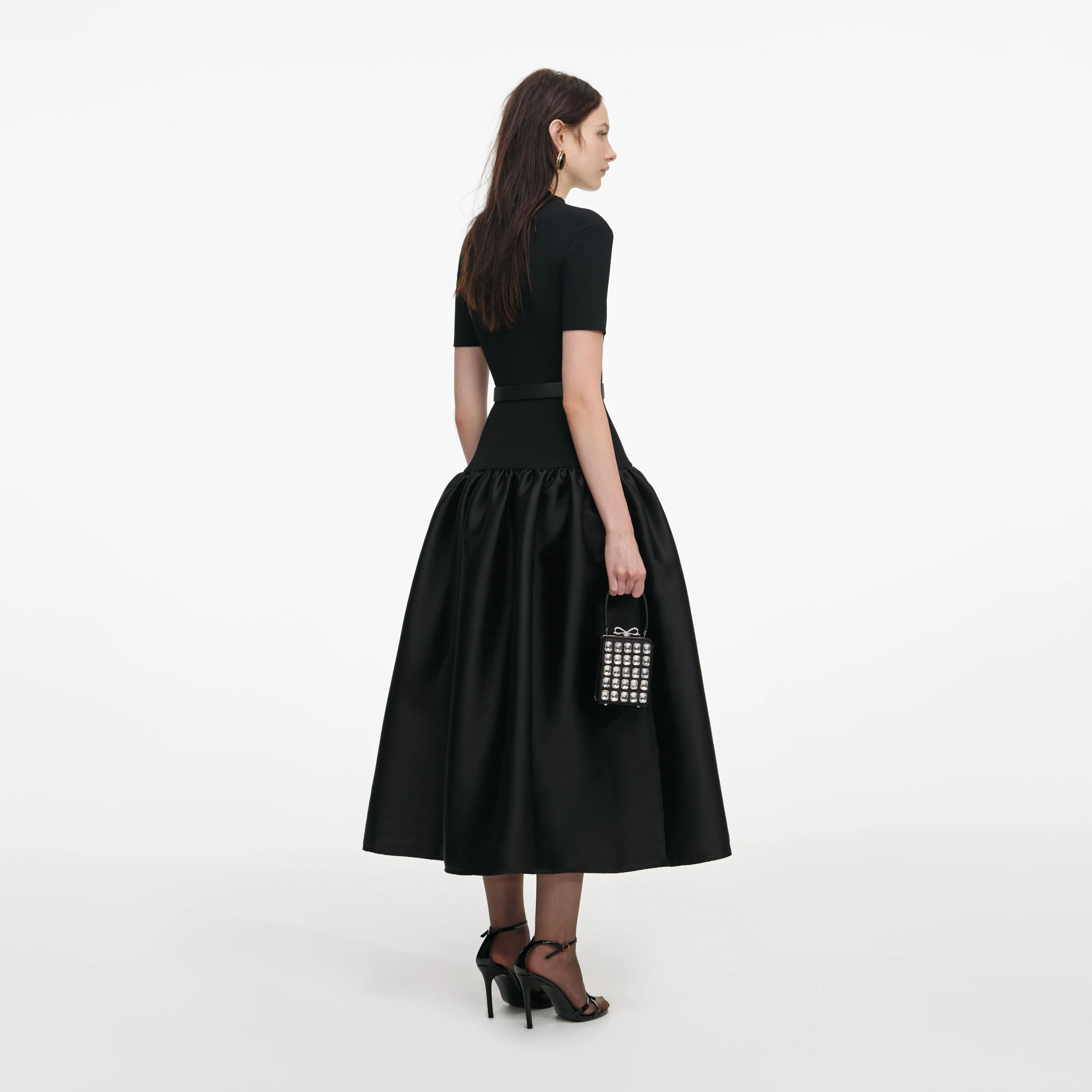 Black Knit Taffeta Midi Dress - Image 3