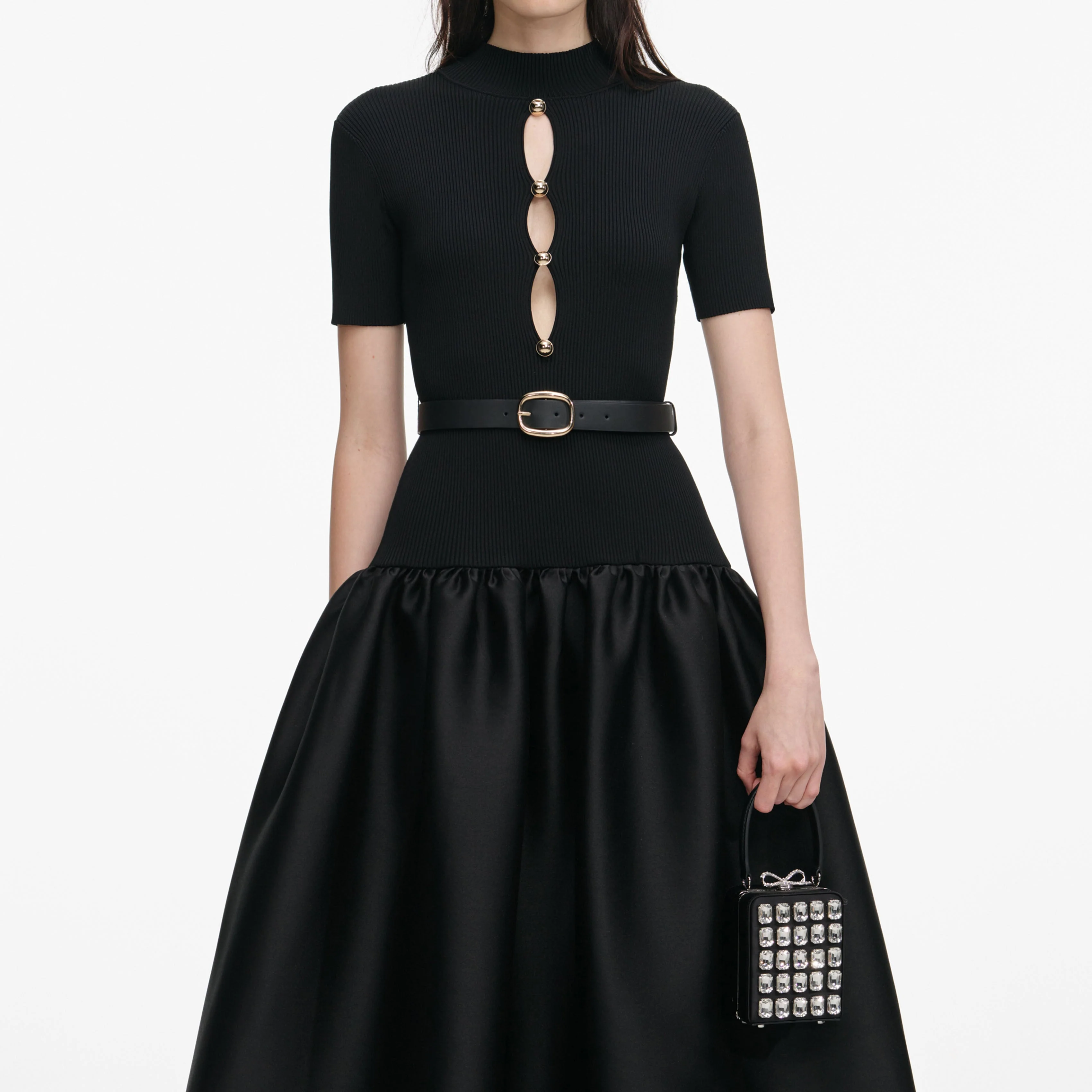 Black Knit Taffeta Midi Dress - Image 4