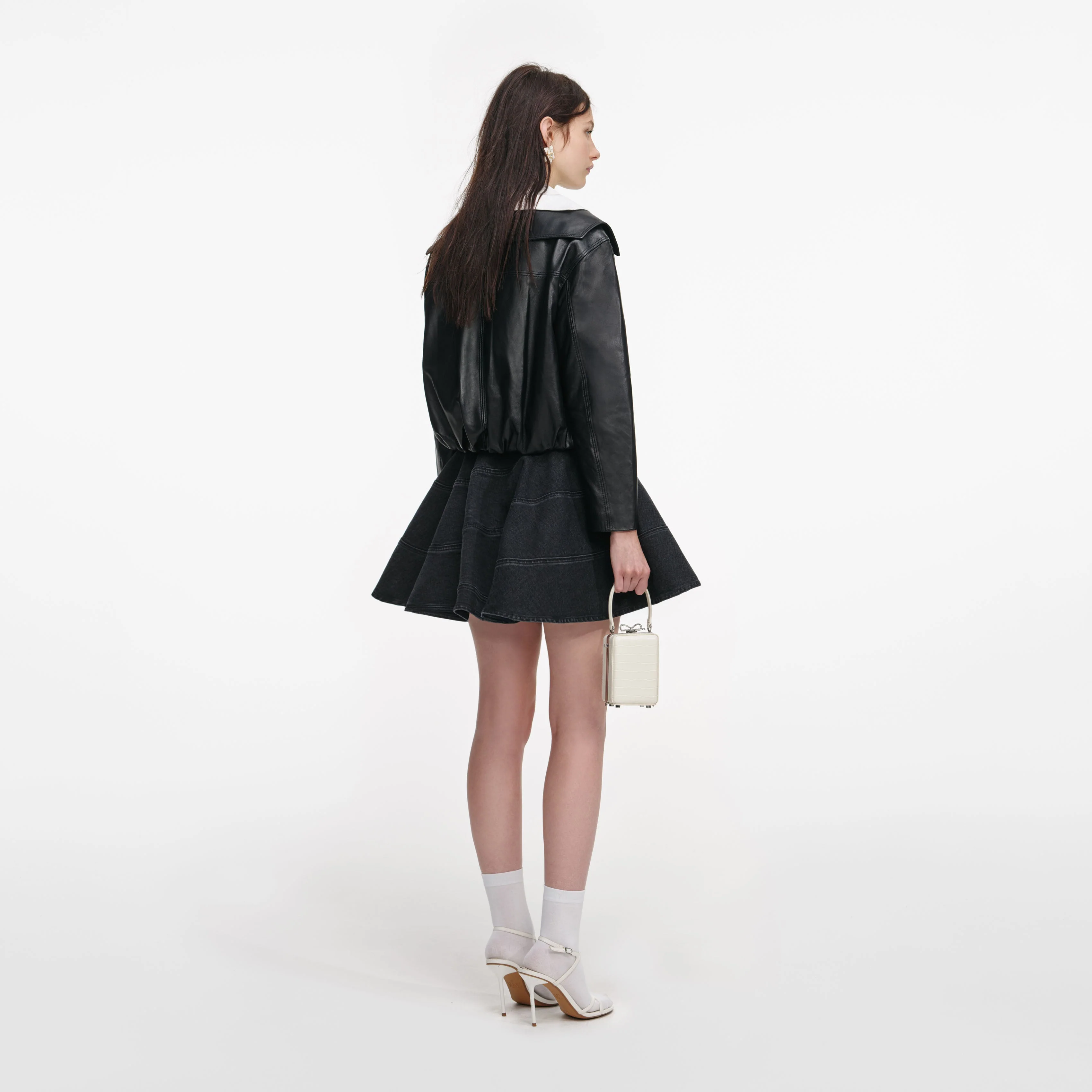 Black Leather Contrast Collar Jacket - Image 3