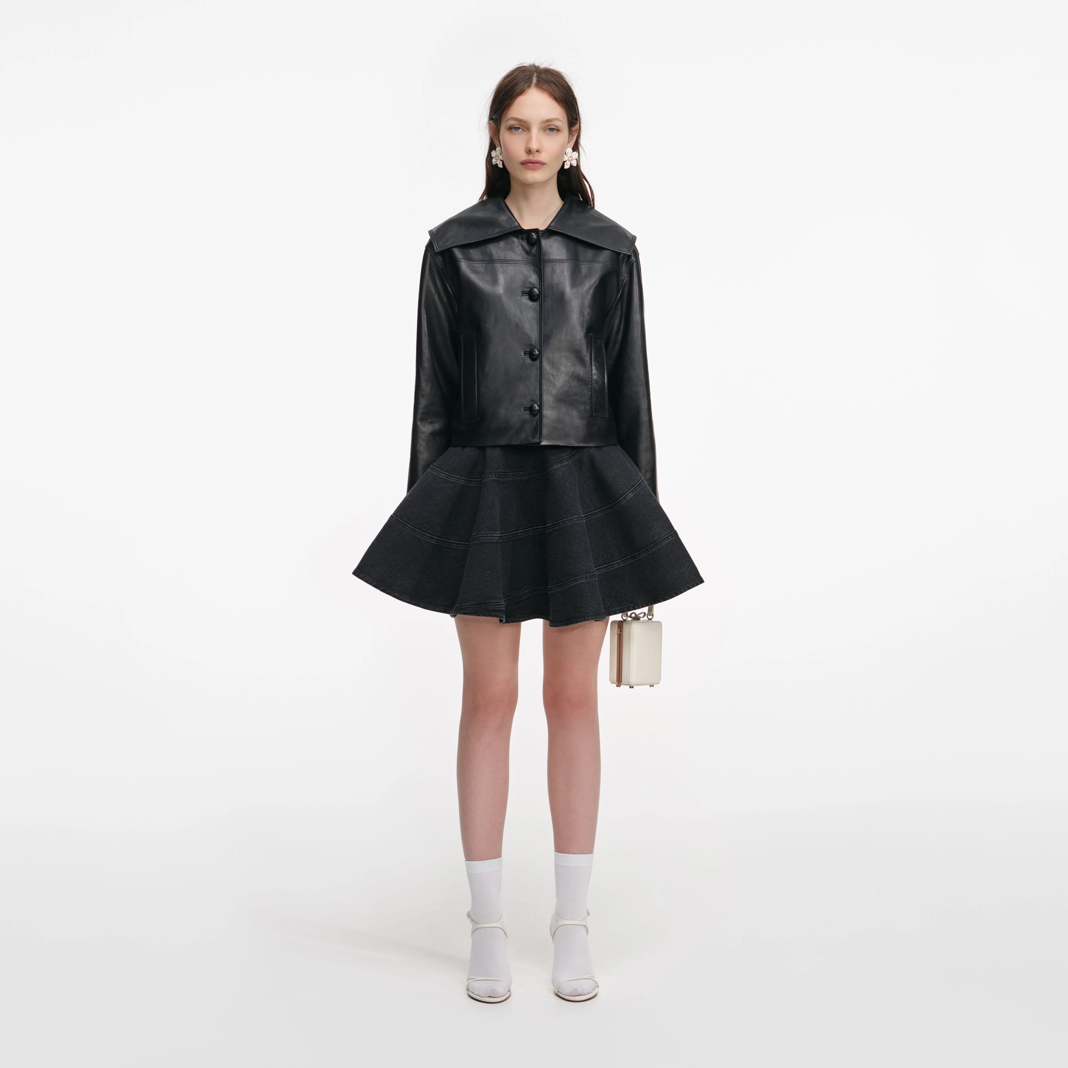 Black Leather Contrast Collar Jacket - Image 4