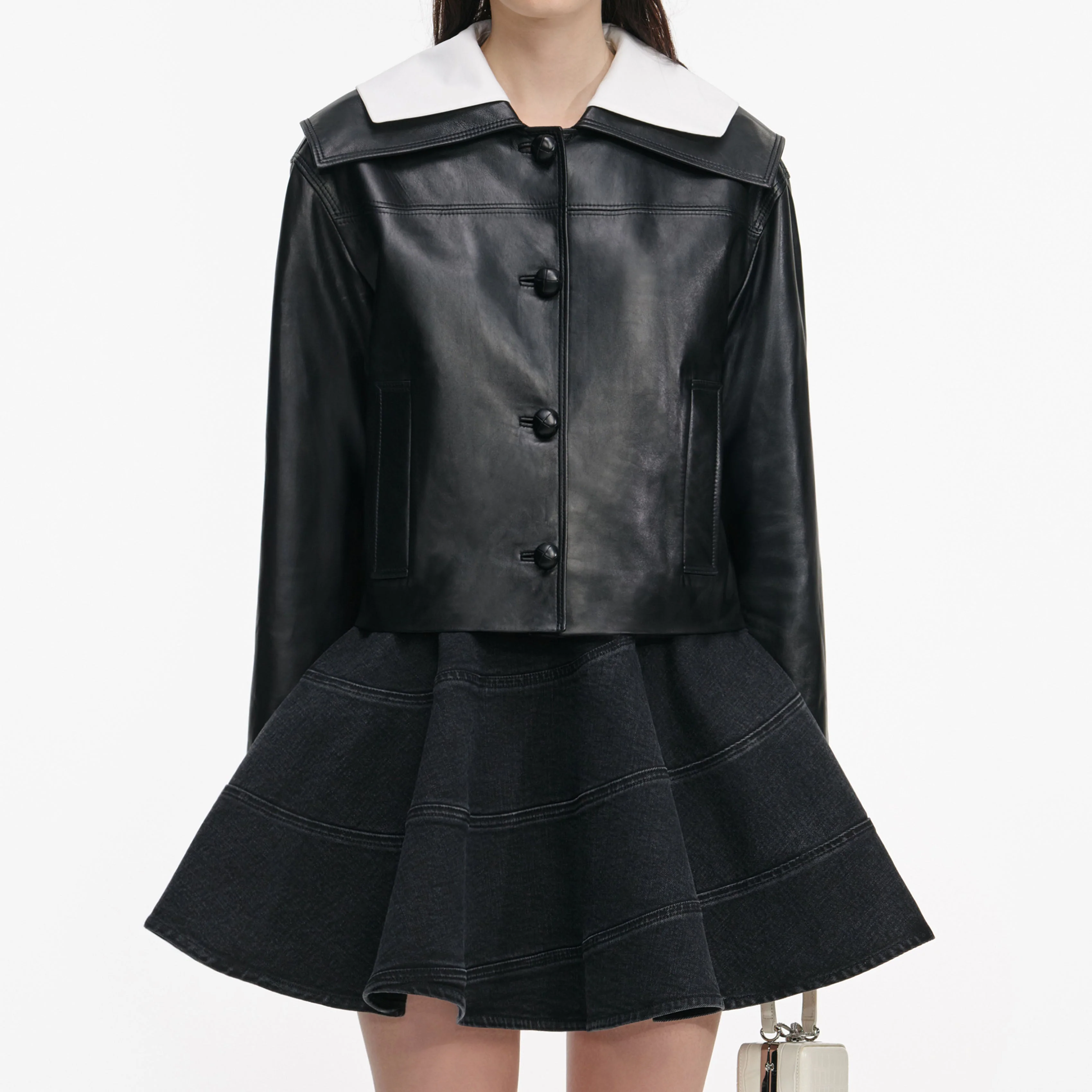 Black Leather Contrast Collar Jacket - Image 5