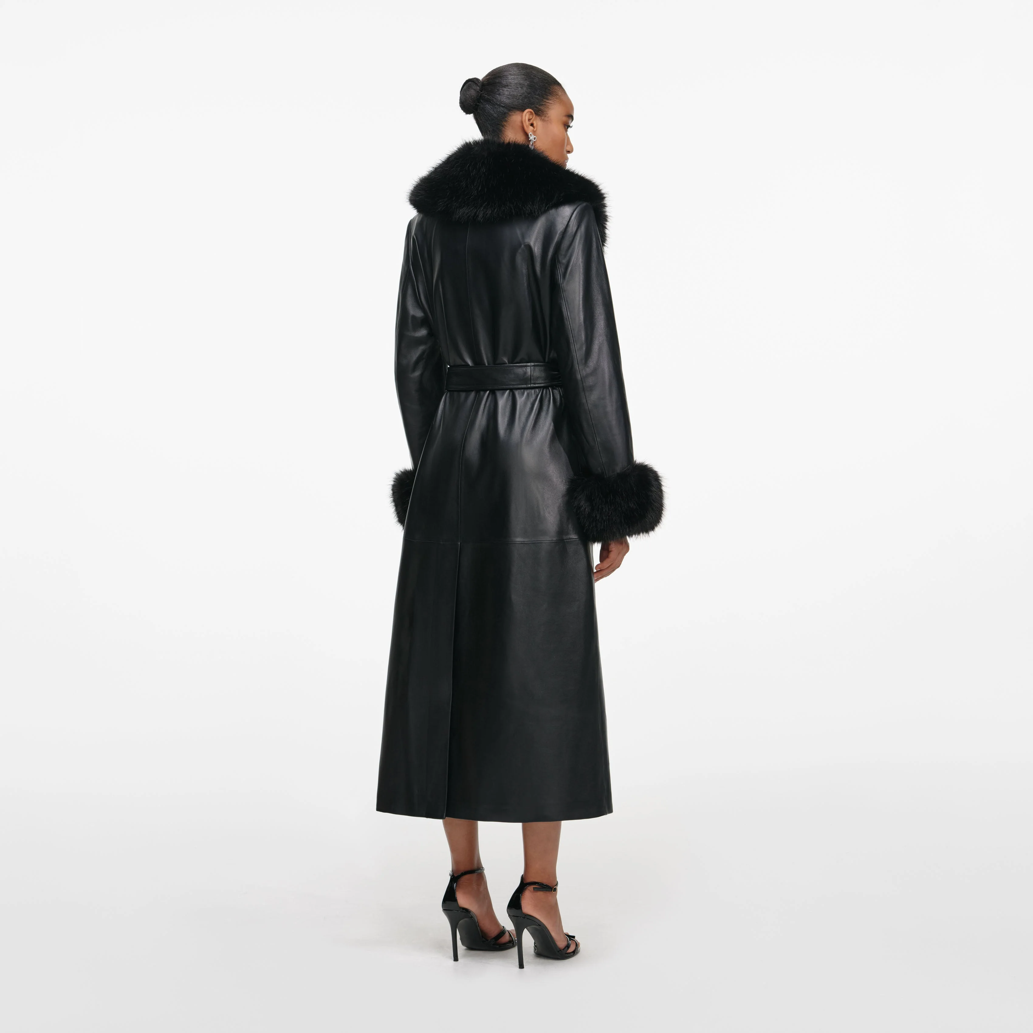 Black Leather Faux Fur Collared Coat - Image 3