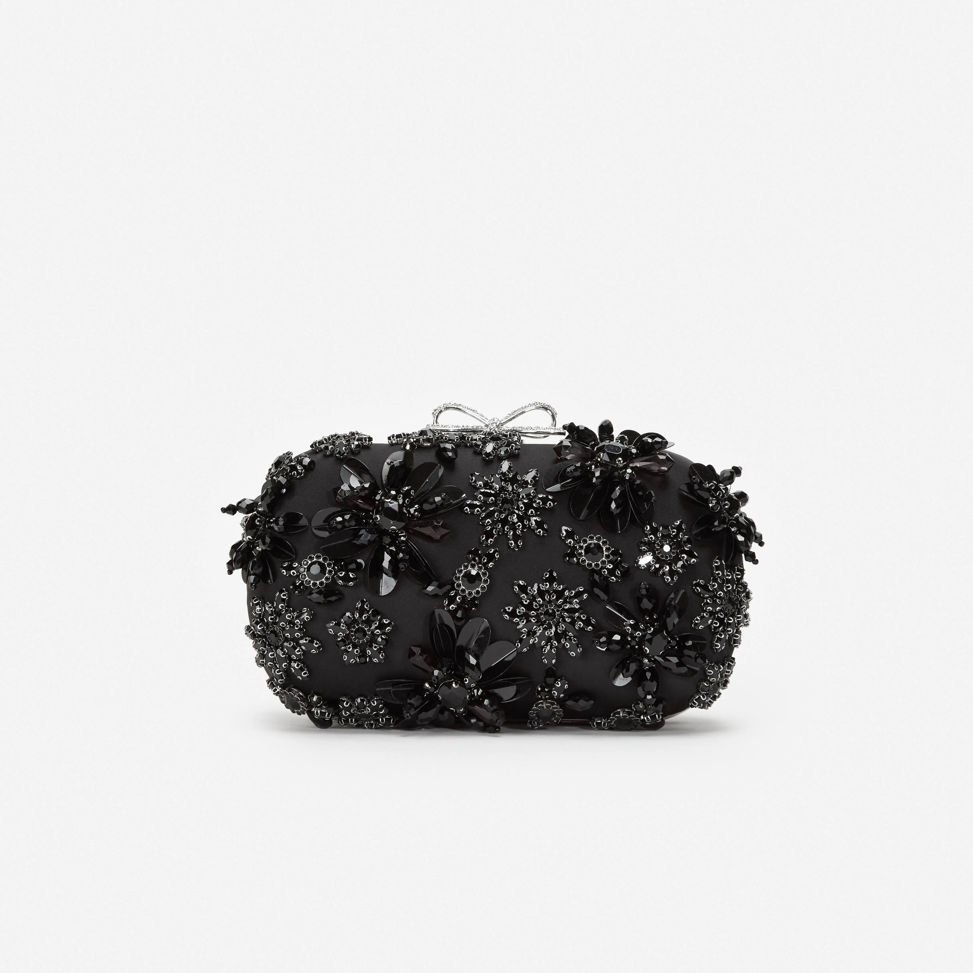 Black Satin Floral Crystal Clutch Bag - Image 2