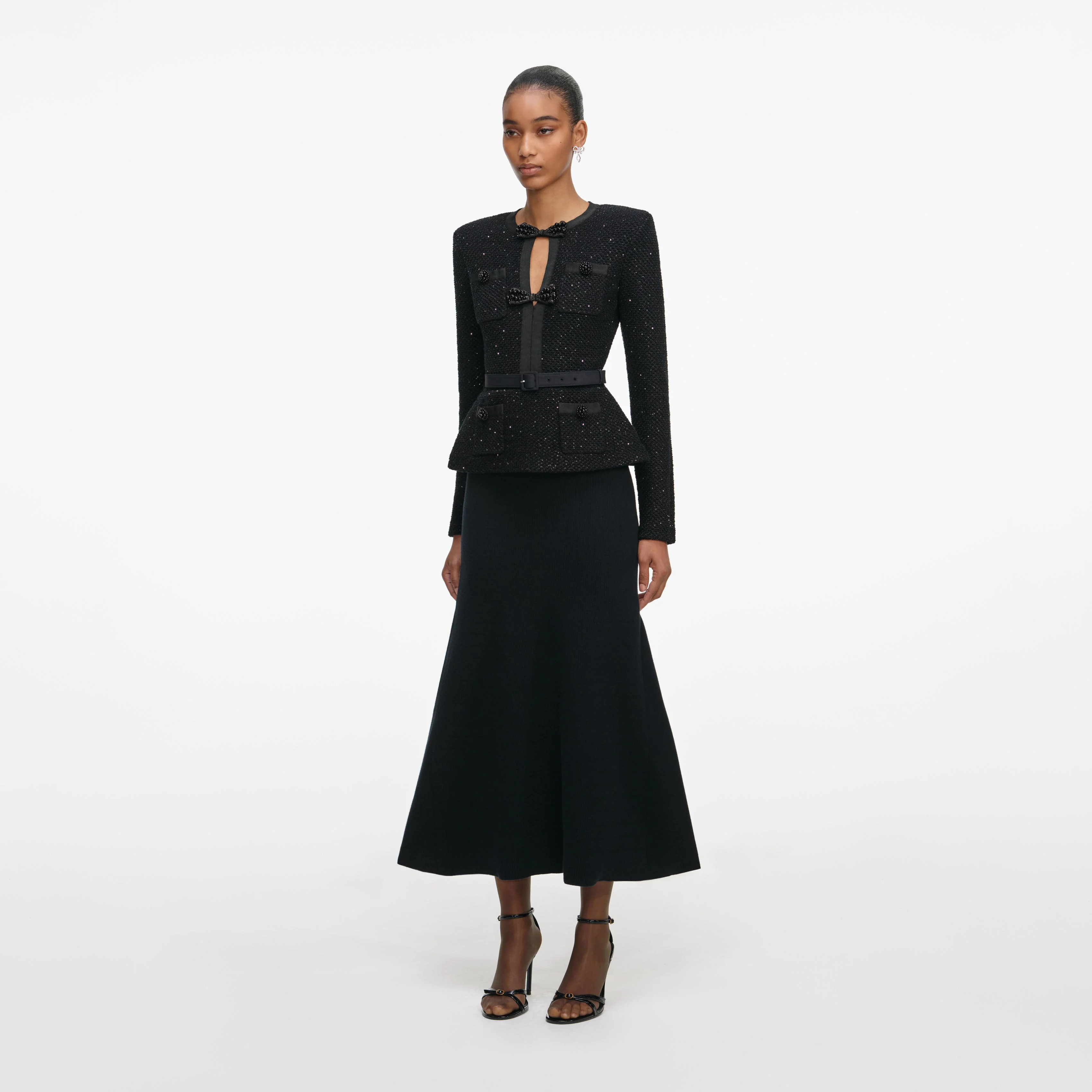 Black Sequin Knit Tailored Midi Dress - Image 2