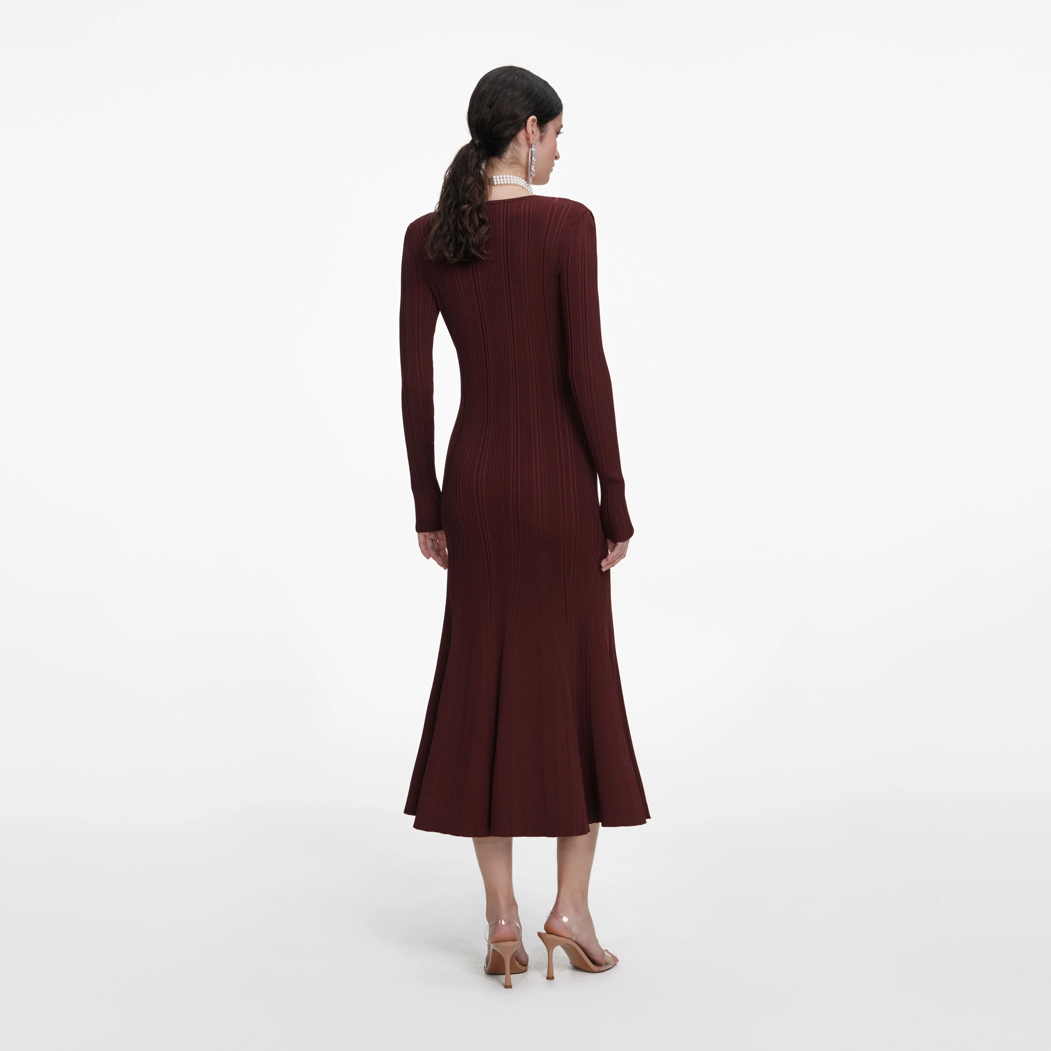 Brown Contrast Lace Knit Midi Dress - Image 3