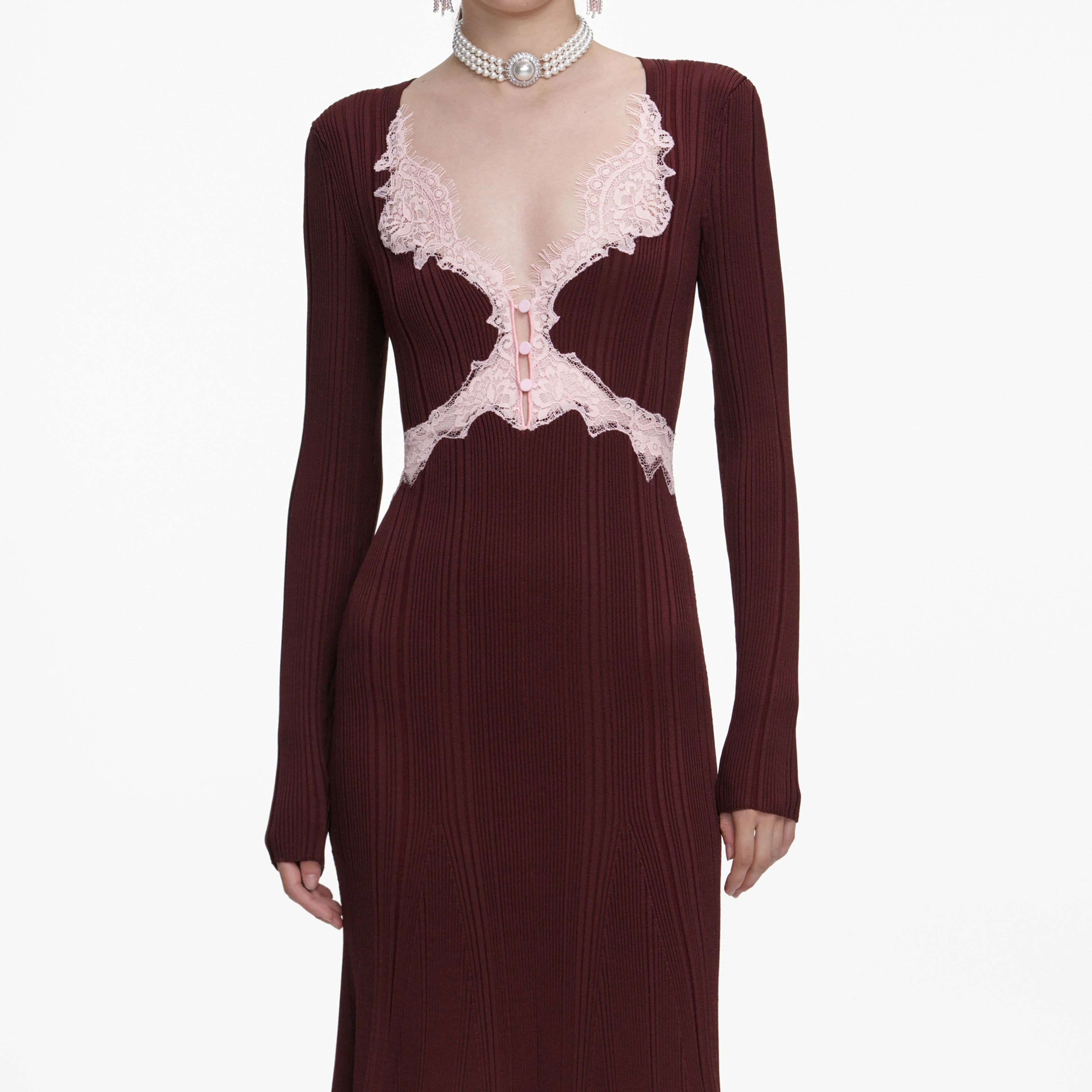 Brown Contrast Lace Knit Midi Dress - Image 4