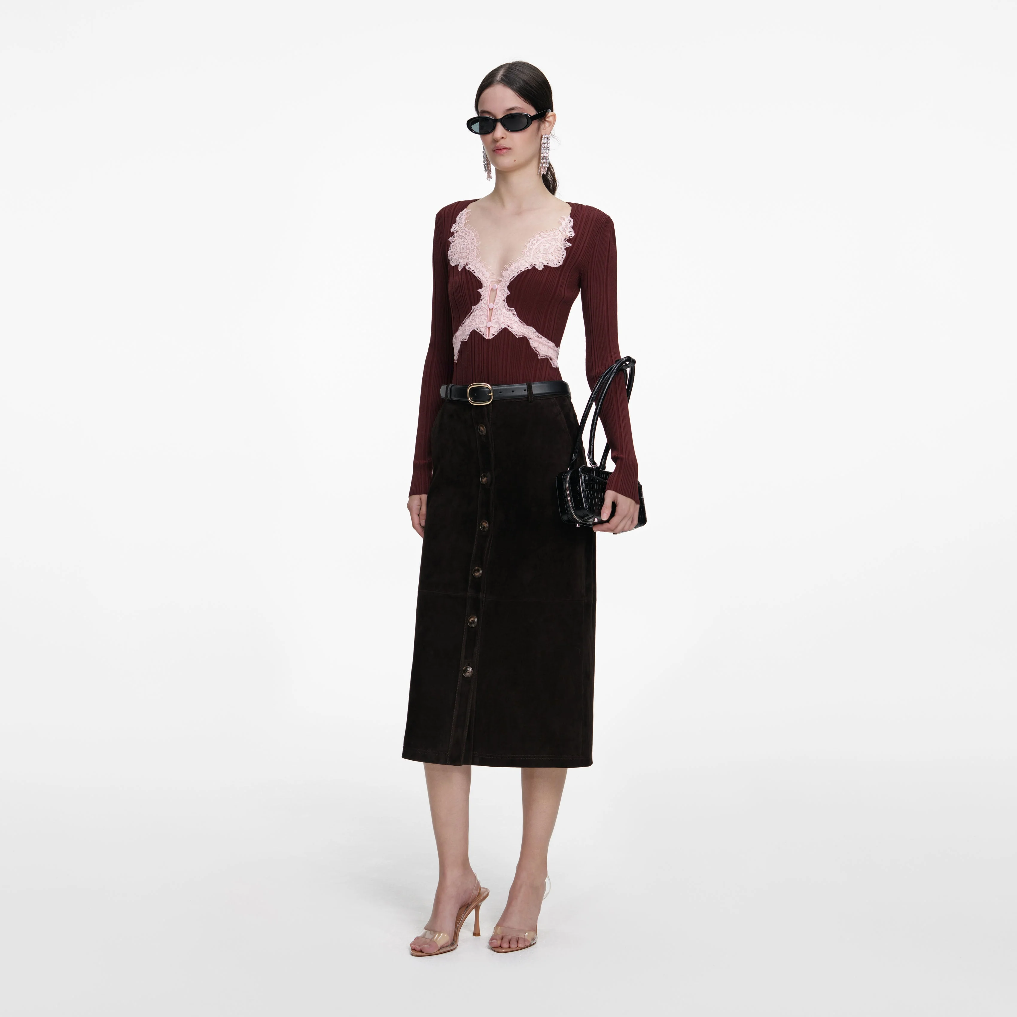 Brown Contrast Lace Knit Top - Image 2