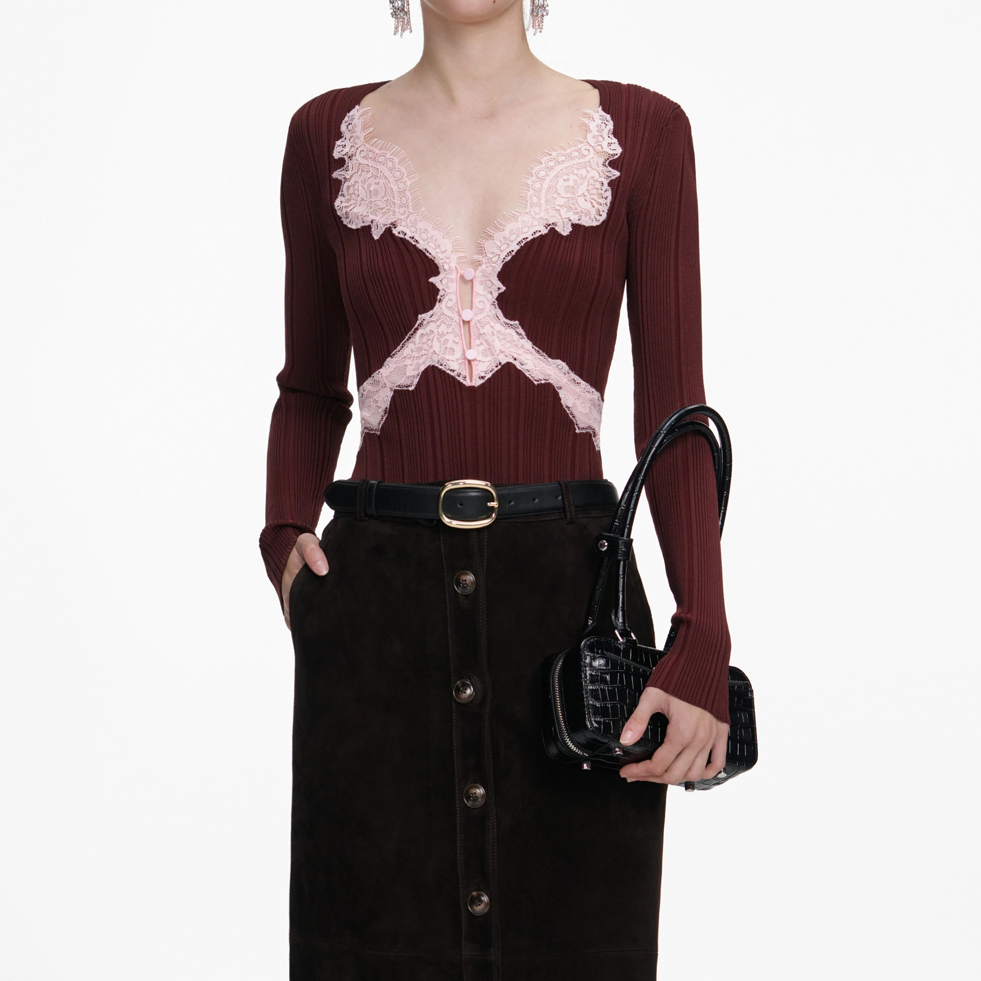 Brown Contrast Lace Knit Top - Image 4