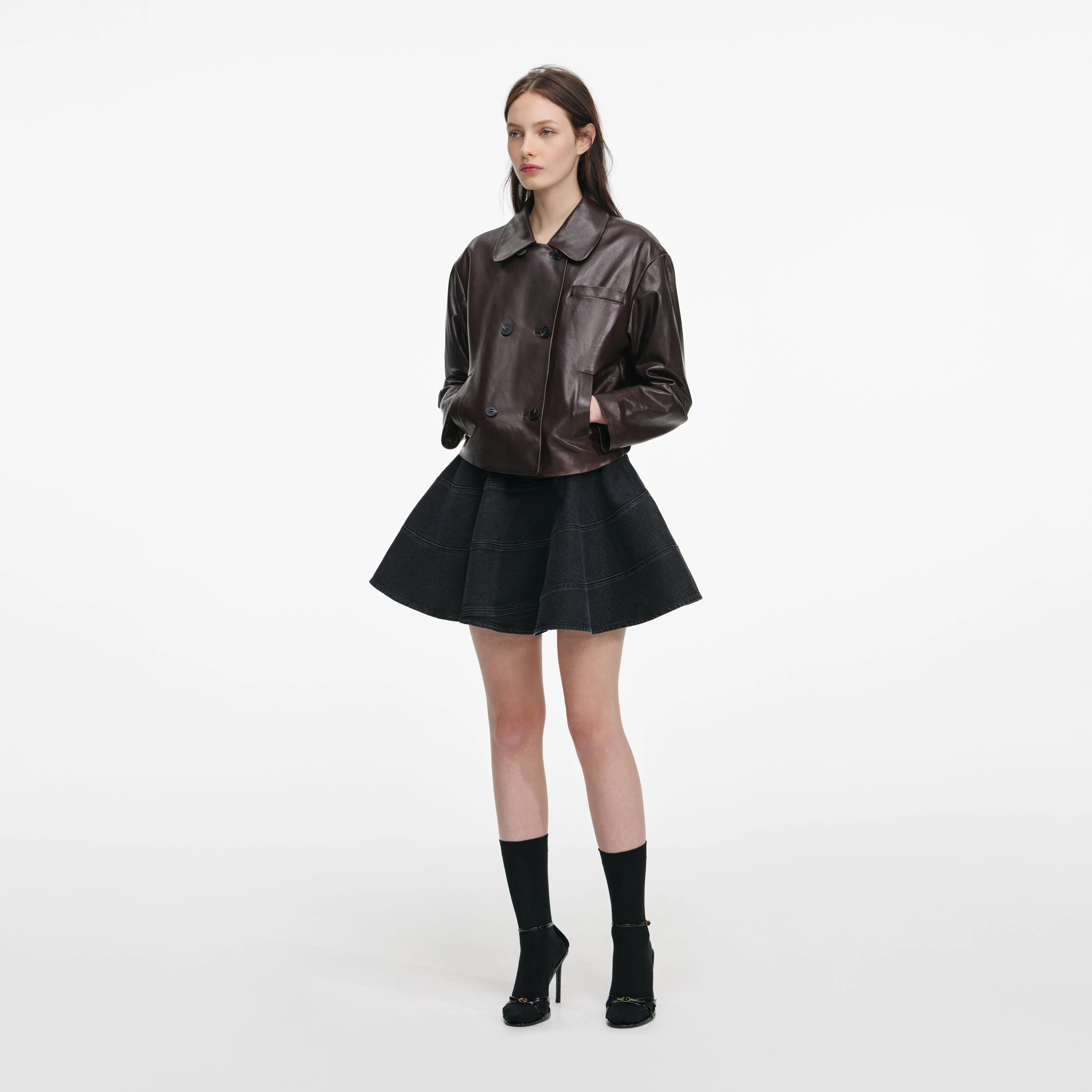 Brown Cropped Leather Jacket - Image 2