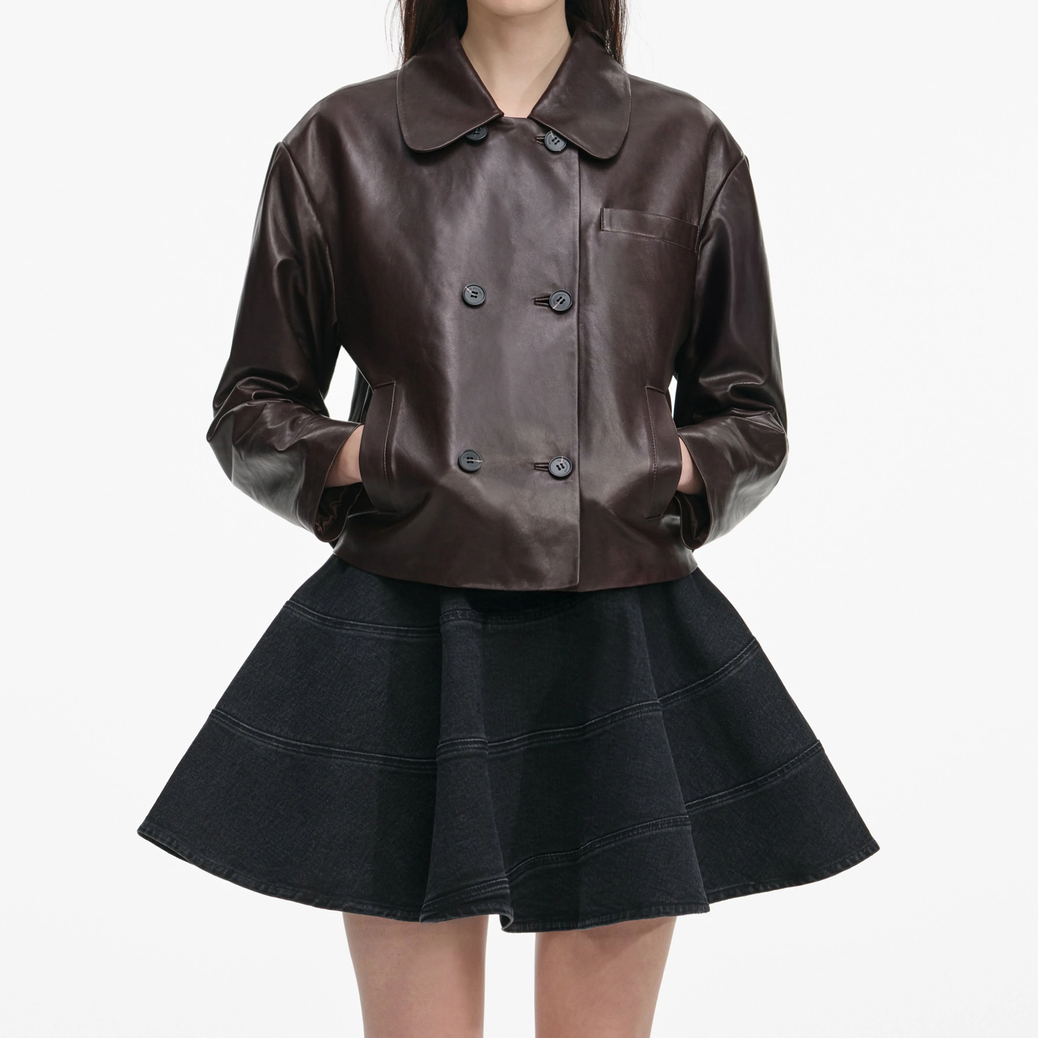 Brown Cropped Leather Jacket - Image 4