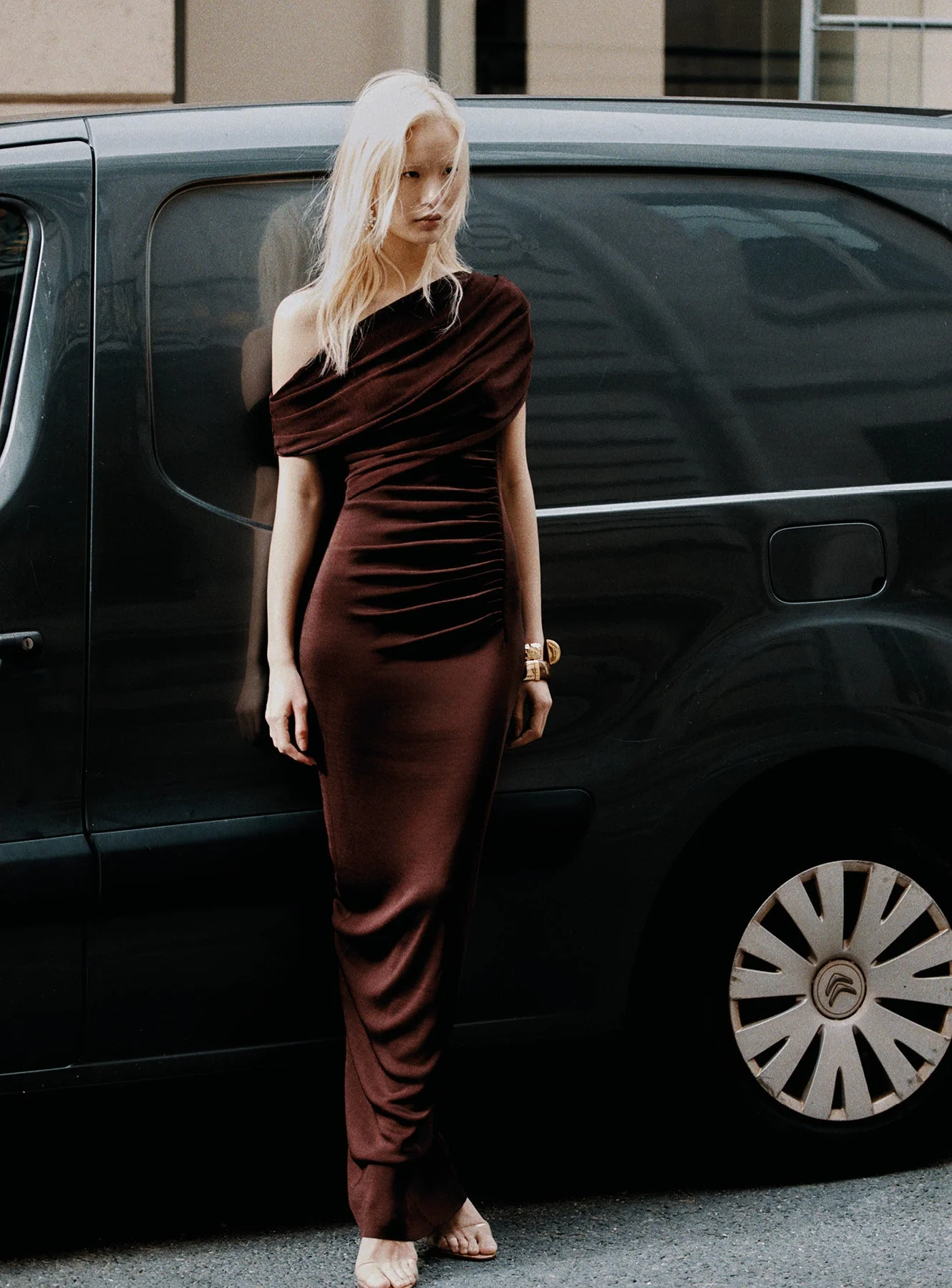 Brown Draped Knit Midi Dress - Image 6