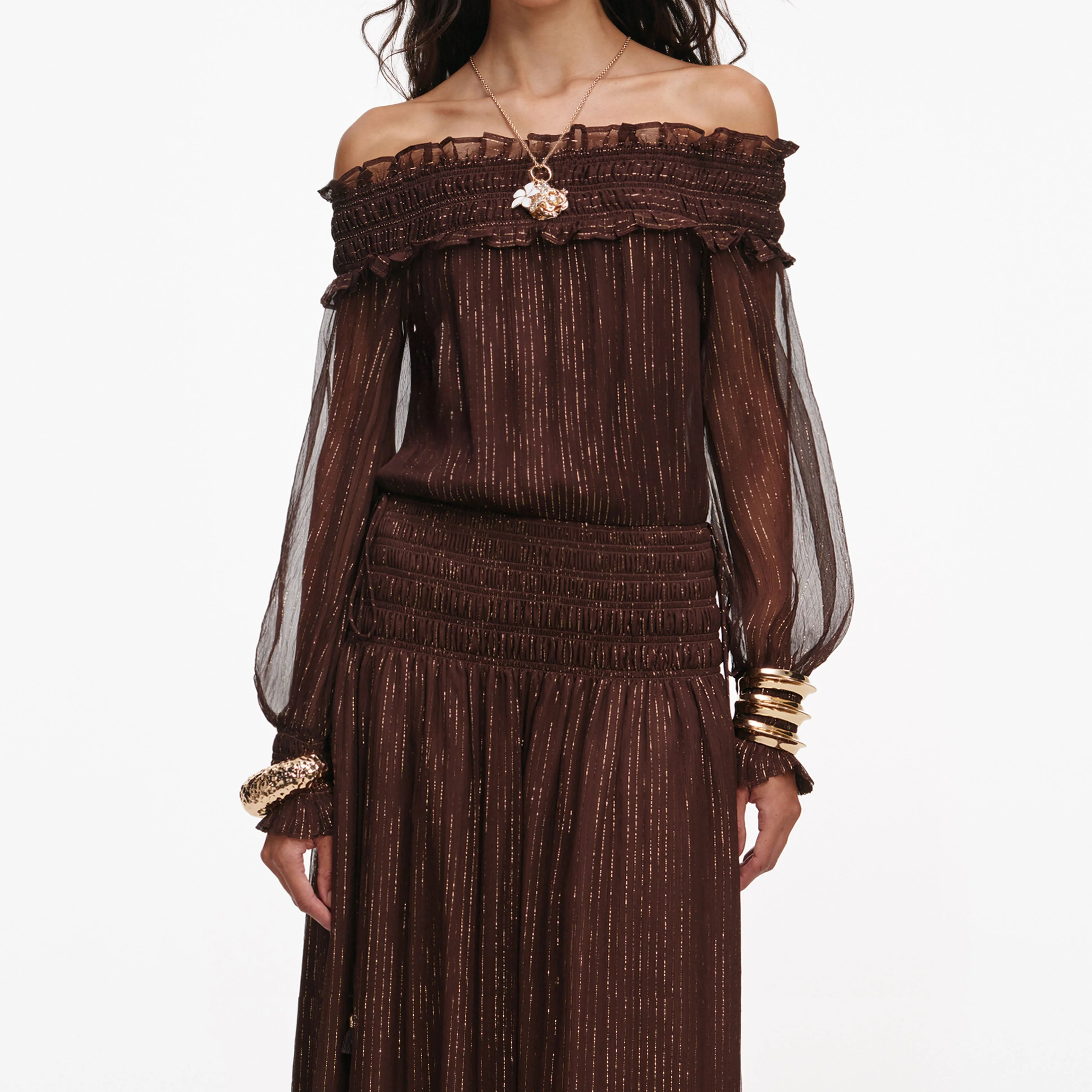 Brown Georgette Off Shoulder Maxi Dress - Image 4