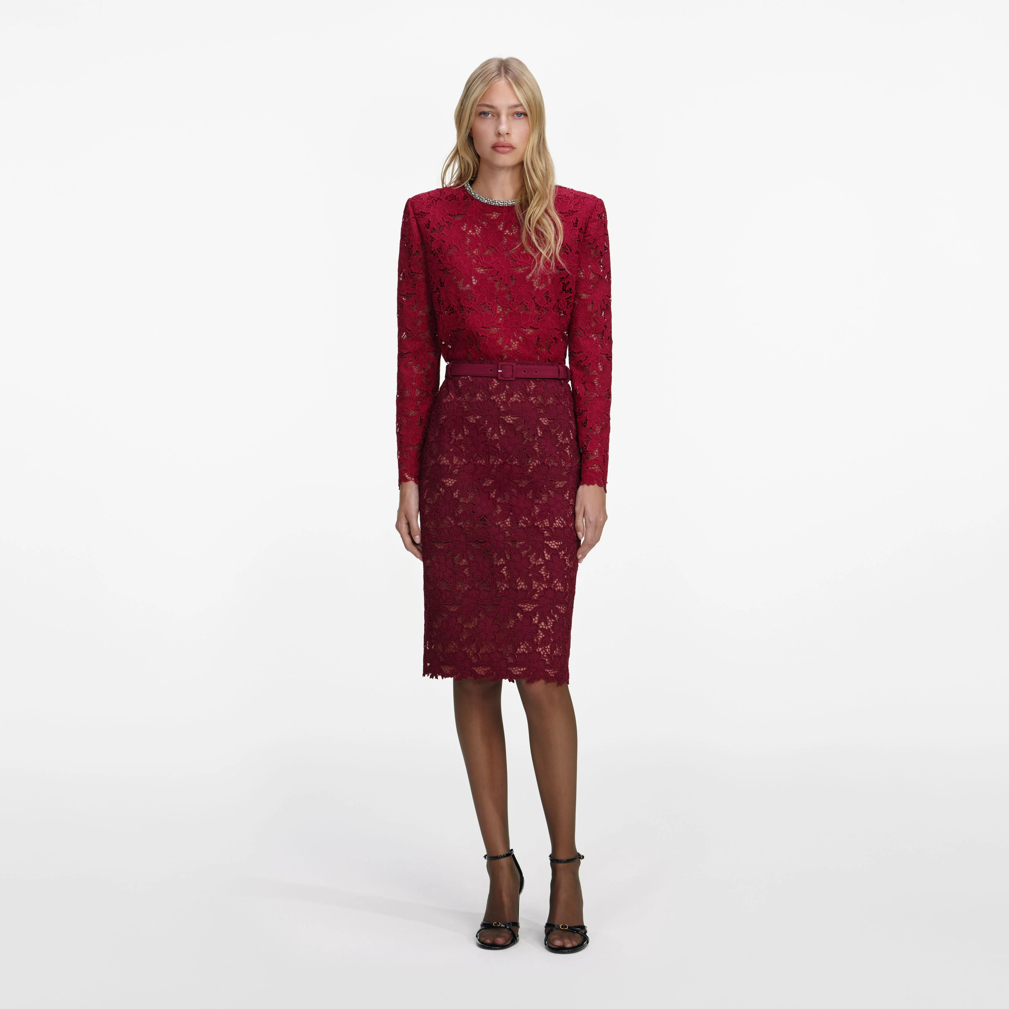 Burgundy Guipure Lace Midi Skirt
