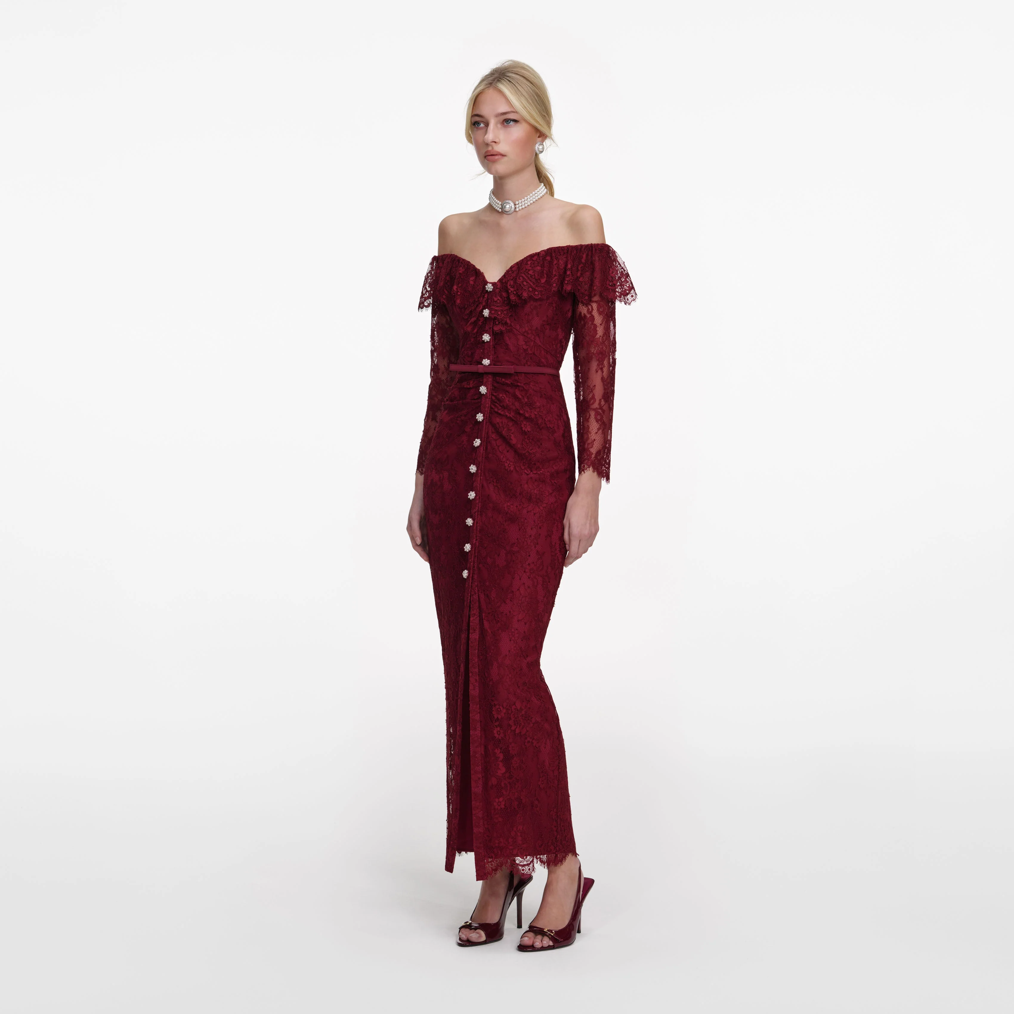 Burgundy Off Shoulder Gathered Lace Maxi Dress - Image 2