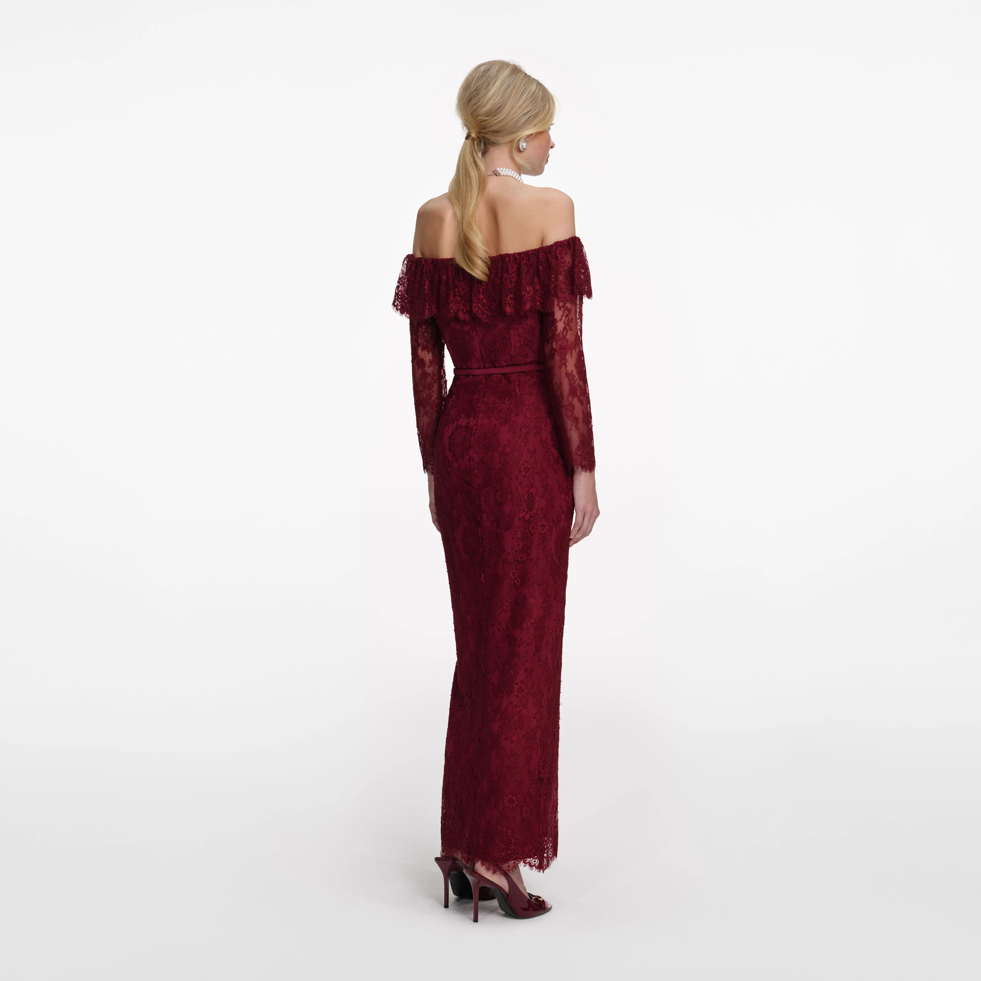 Burgundy Off Shoulder Gathered Lace Maxi Dress - Image 3