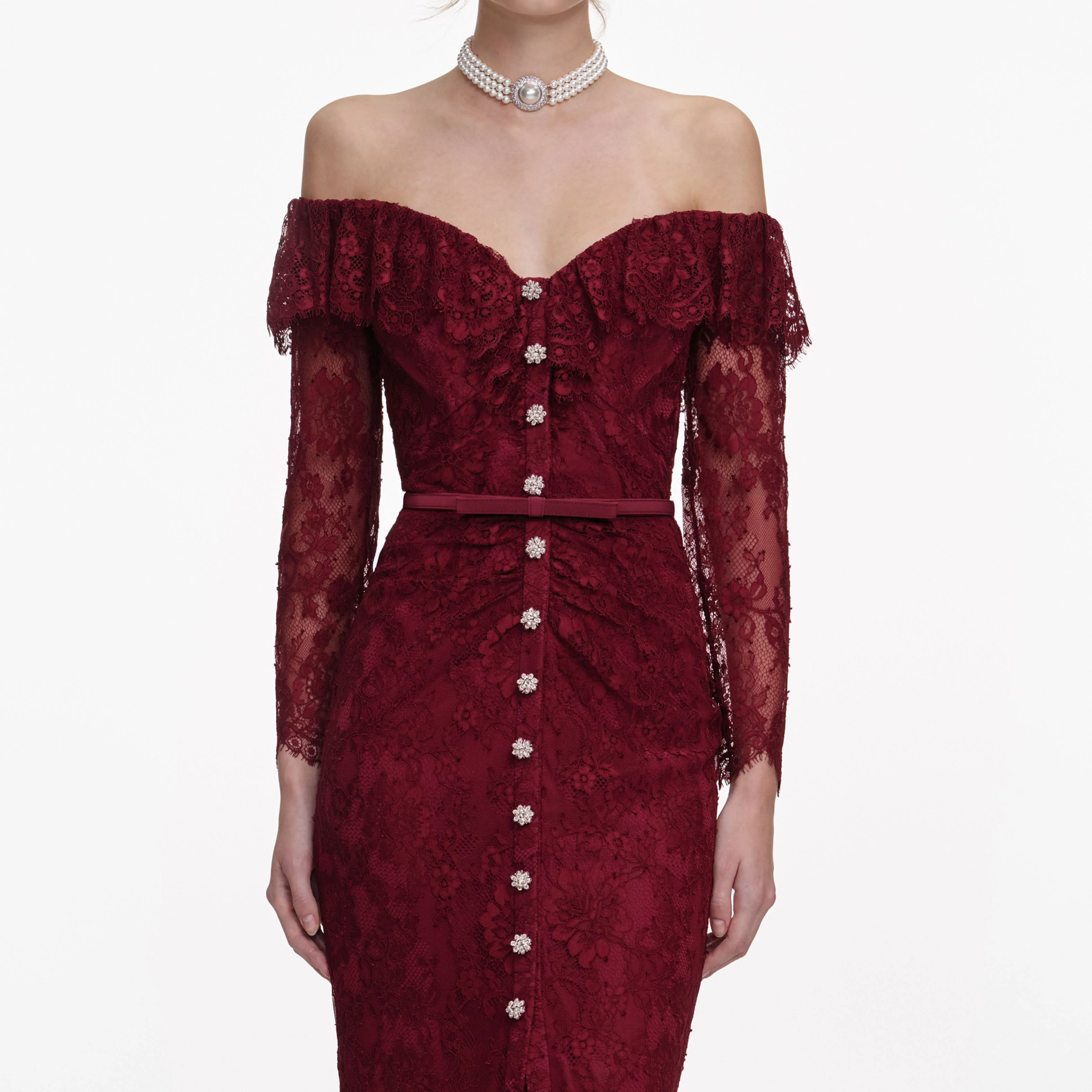 Burgundy Off Shoulder Gathered Lace Maxi Dress - Image 4