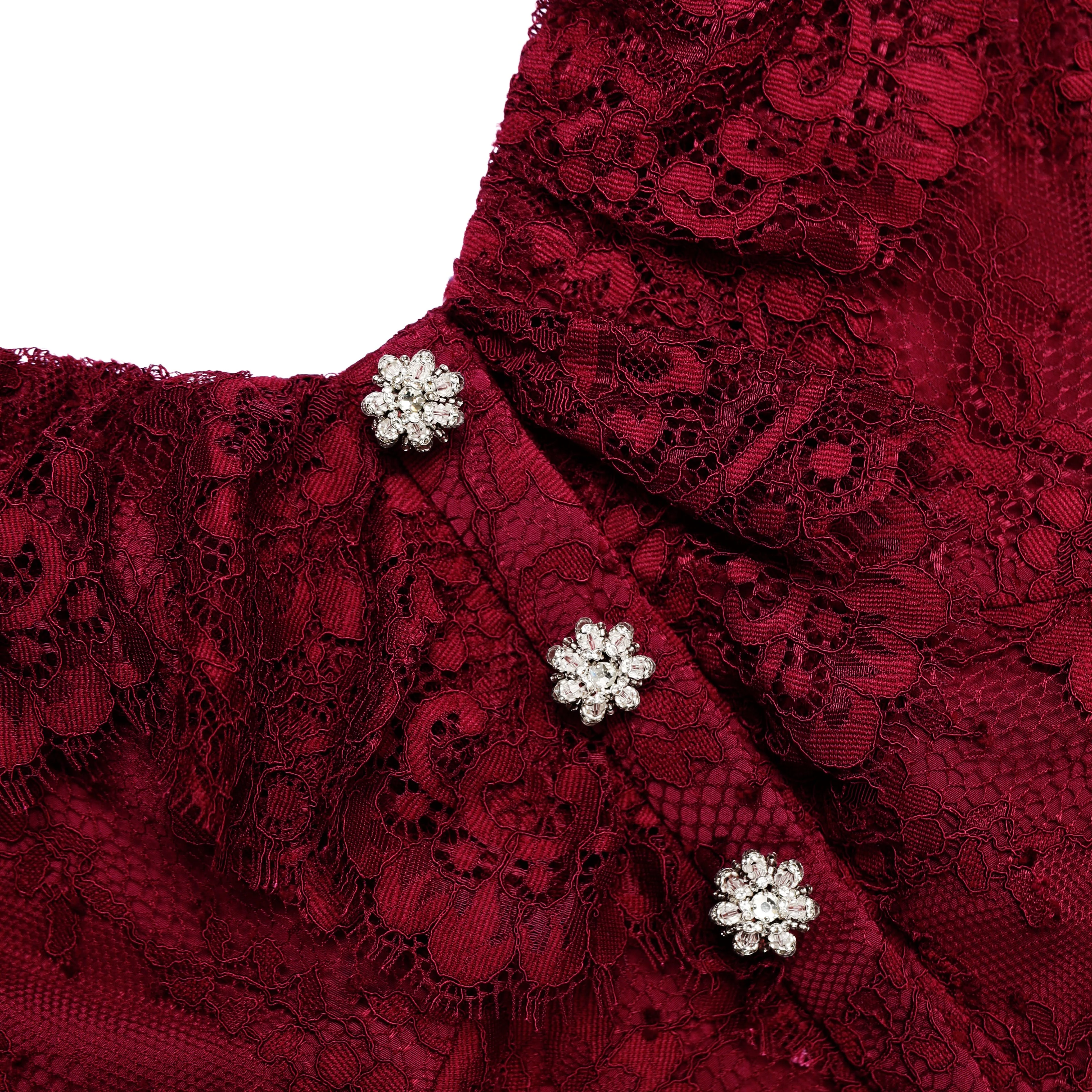 Burgundy Off Shoulder Gathered Lace Maxi Dress - Image 5