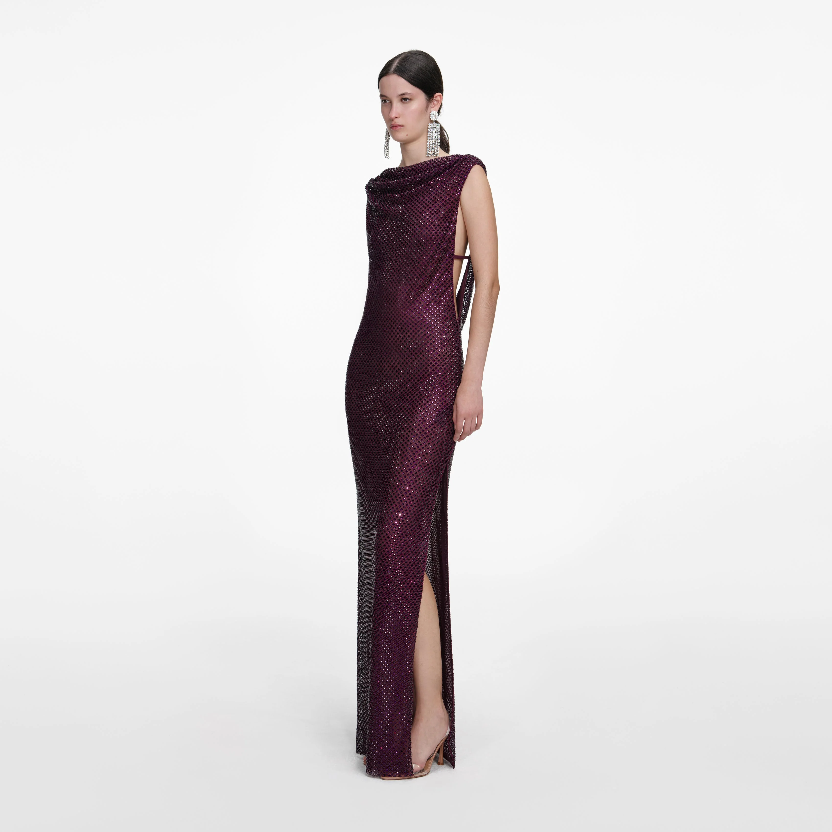 Burgundy Rhinestone Drape Maxi Dress - Image 2