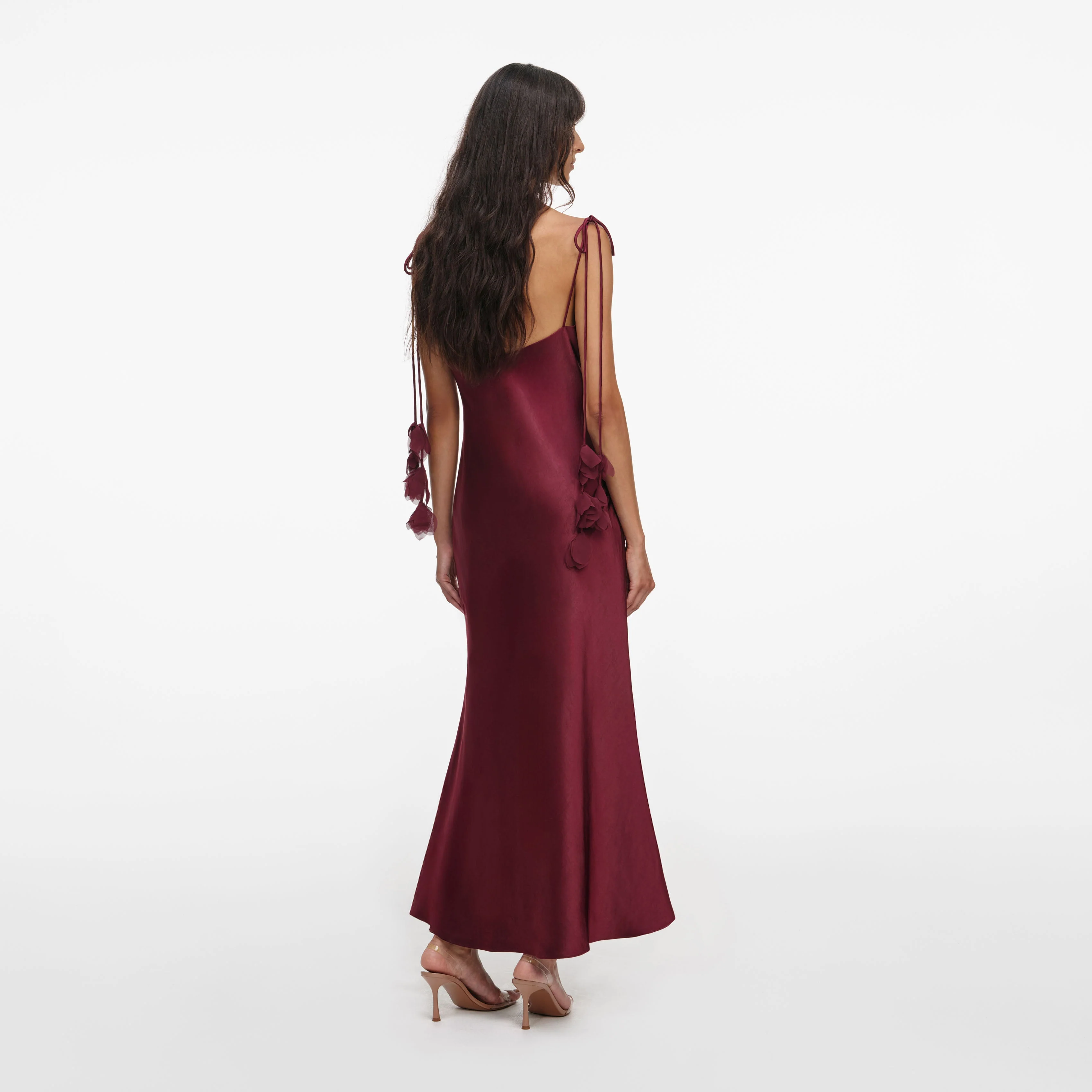 Burgundy Satin Flower Midi Dress - Image 3