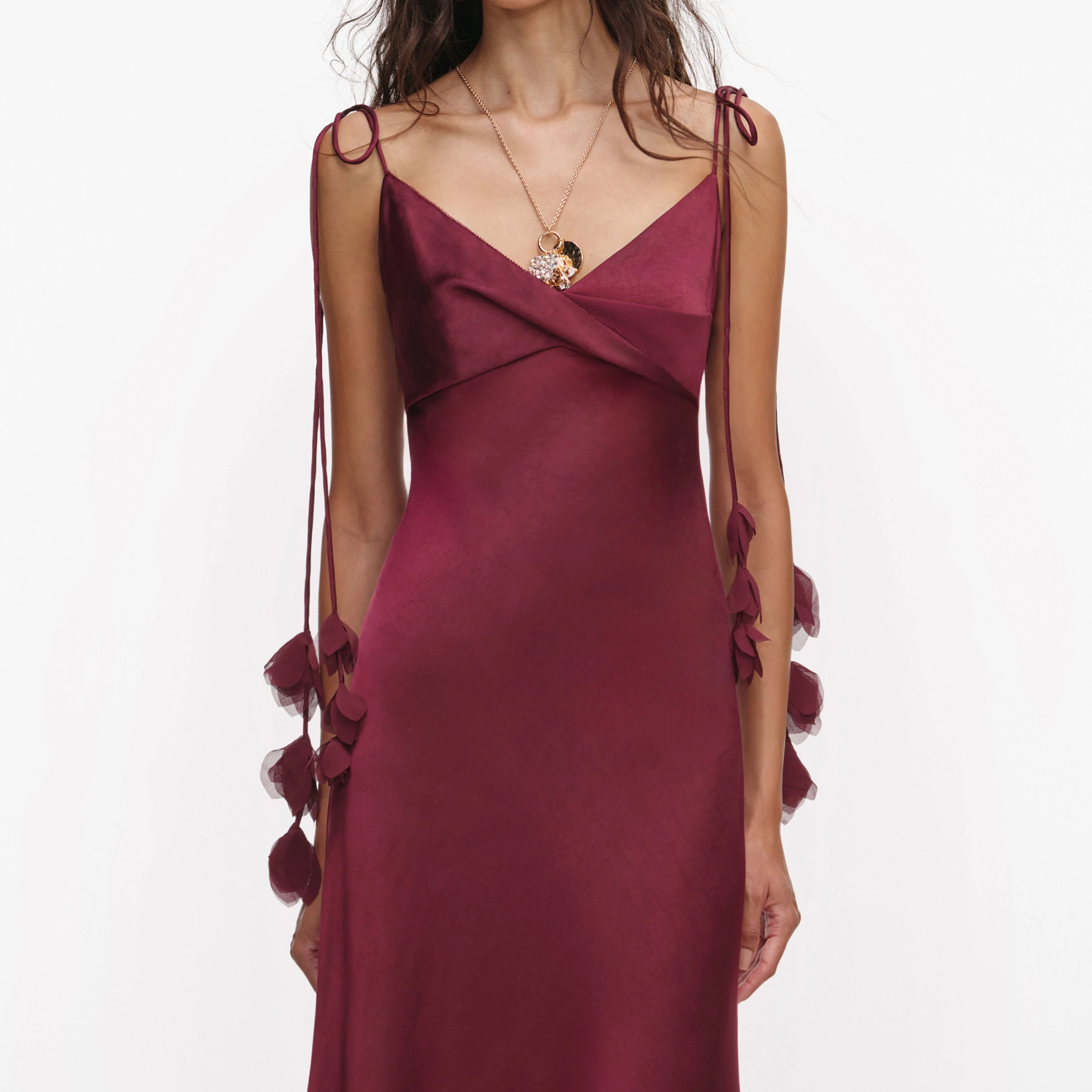 Burgundy Satin Flower Midi Dress - Image 4