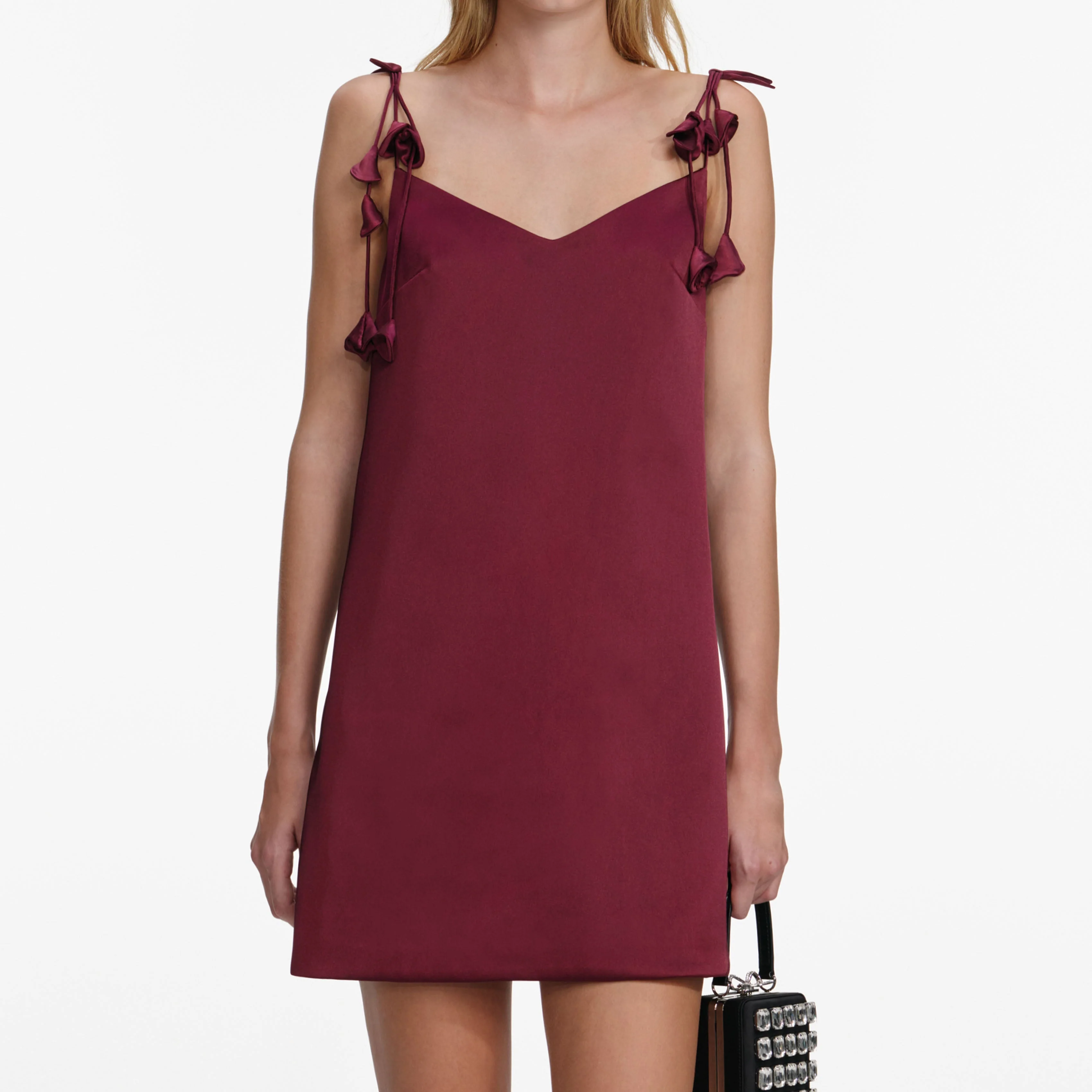 Burgundy Satin Flower Mini Dress - Image 4