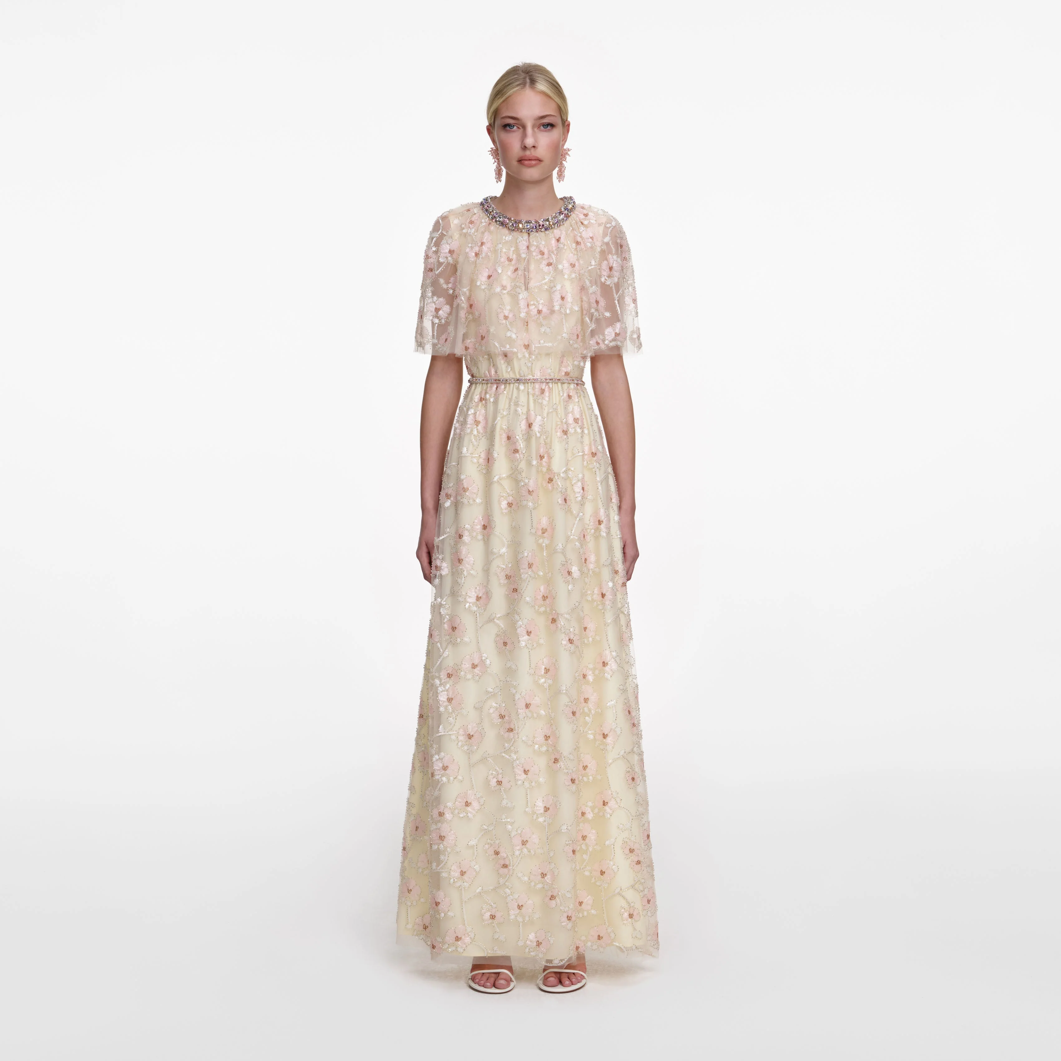 Champagne Floral Embellished Maxi Dress