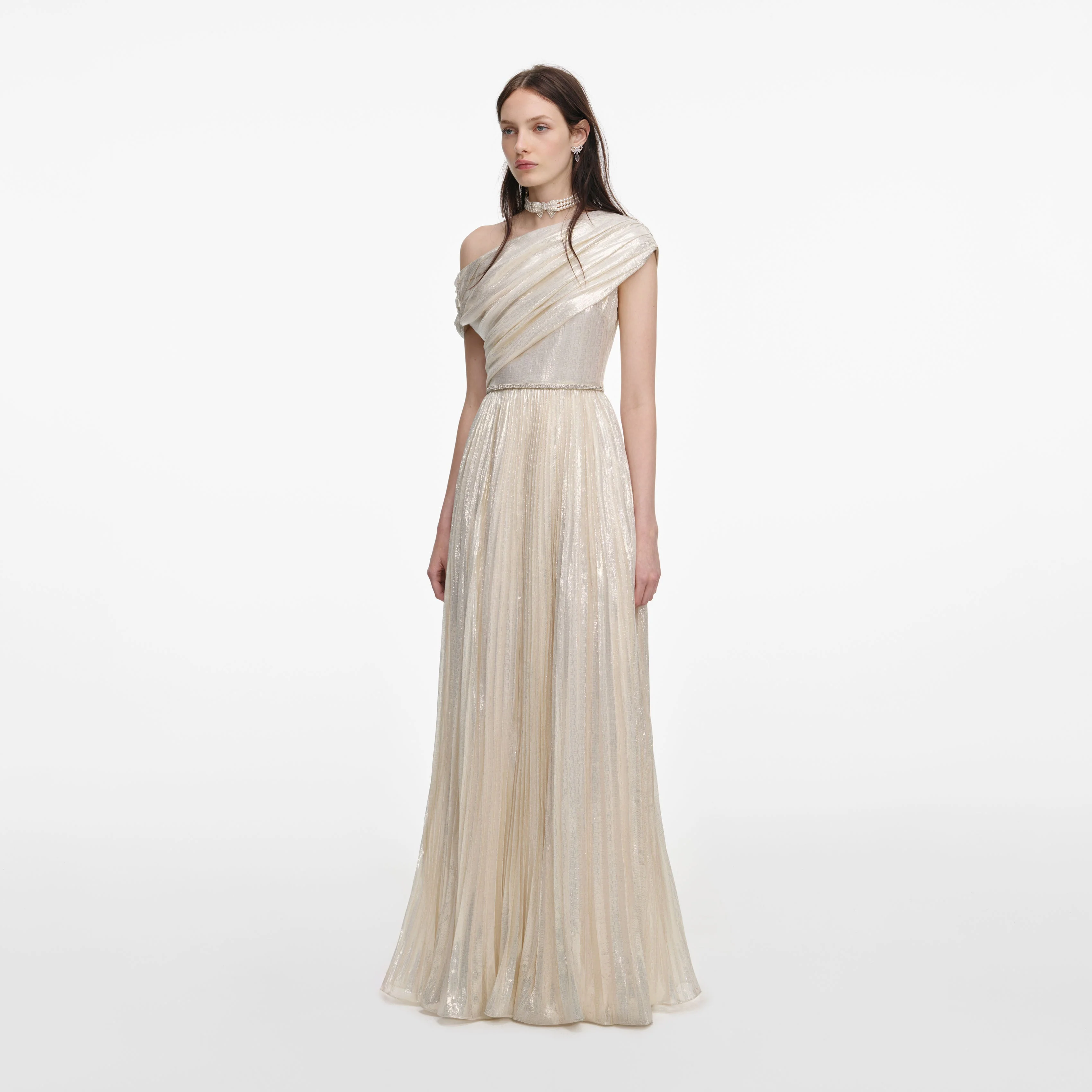 Champagne Metallic Chiffon Maxi Dress - Image 2