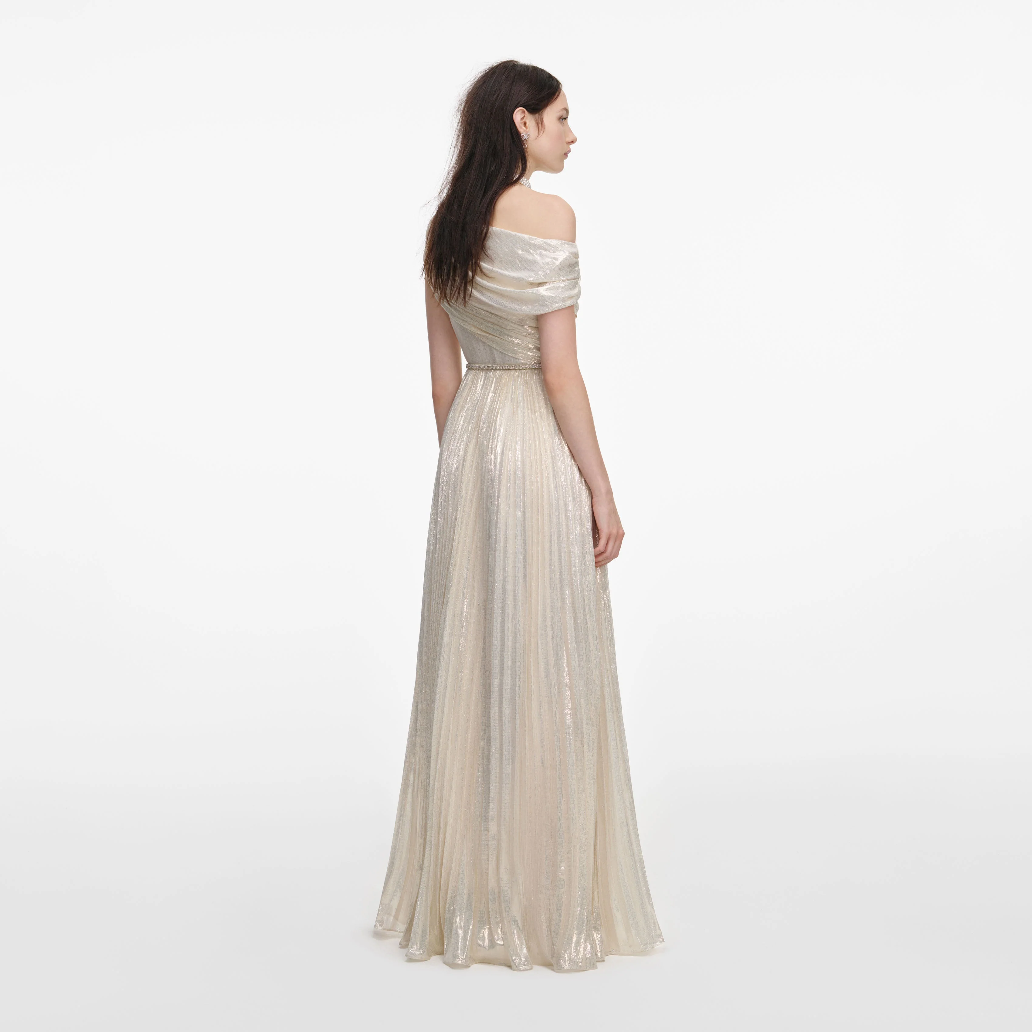 Champagne Metallic Chiffon Maxi Dress - Image 3