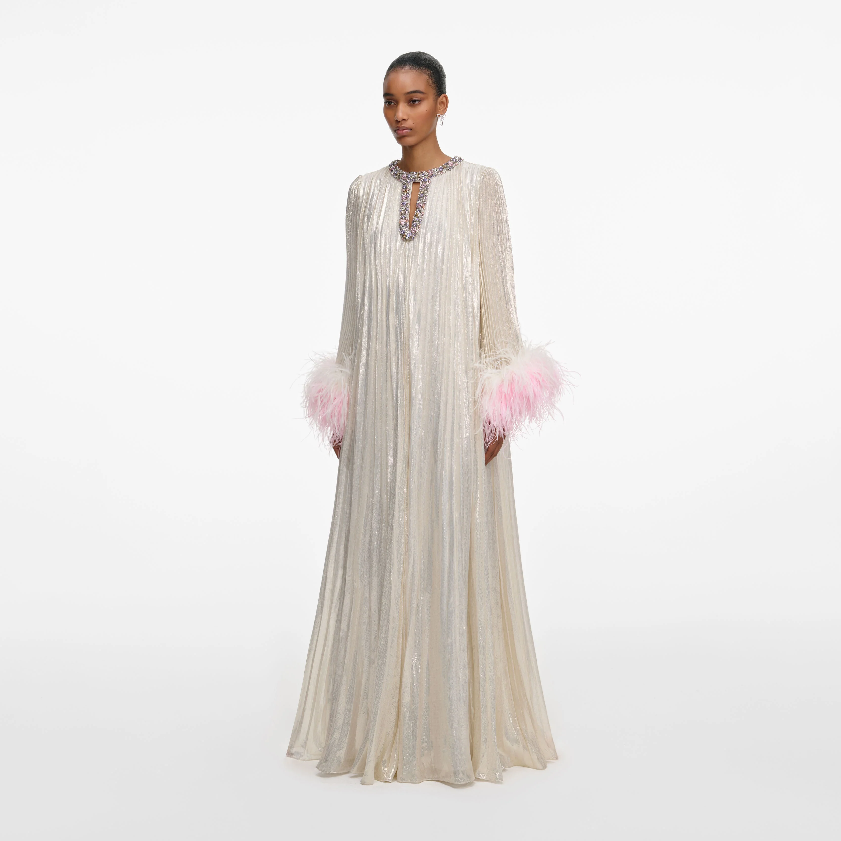 Champagne Metallic Ombre Feather Maxi Dress - Image 2