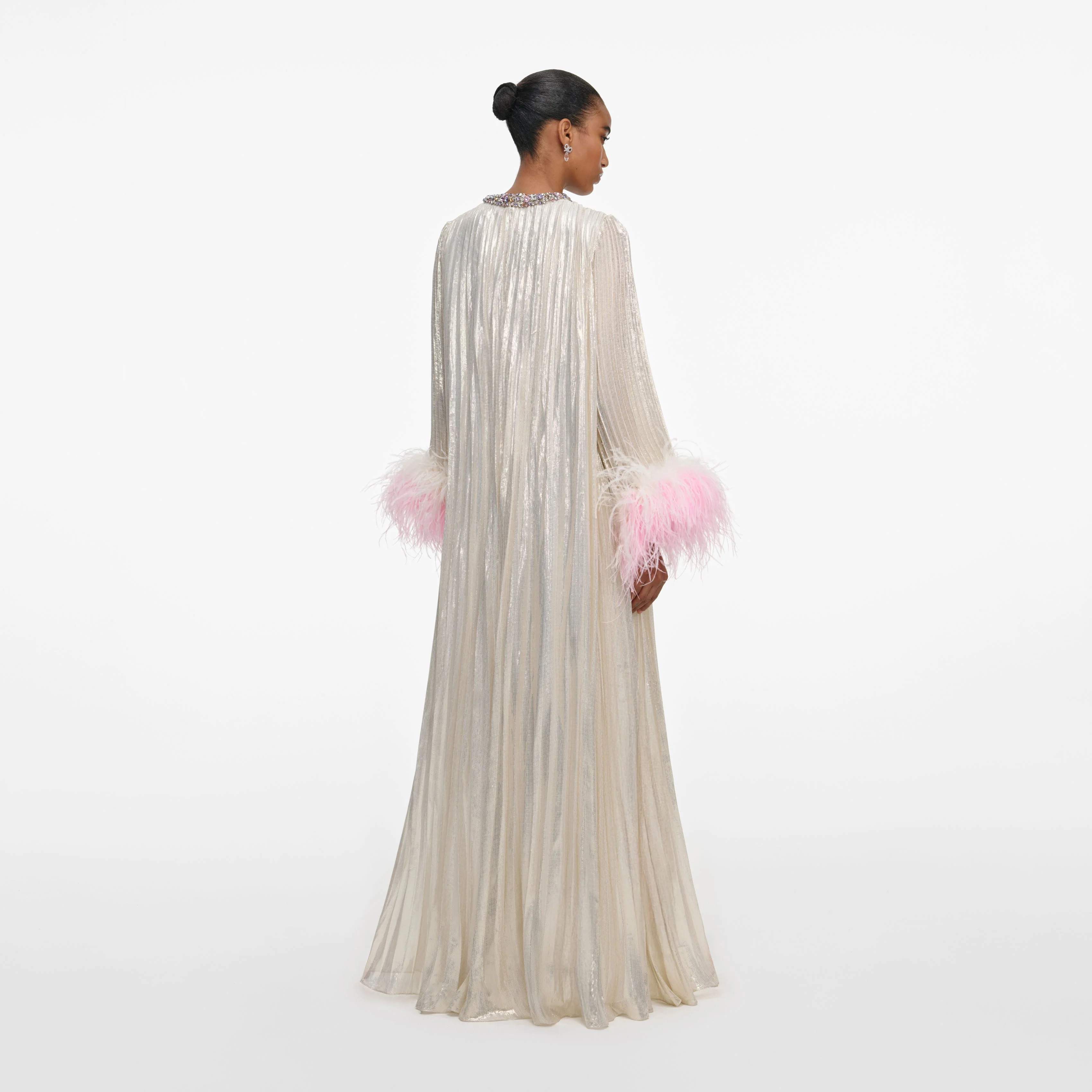 Champagne Metallic Ombre Feather Maxi Dress - Image 3