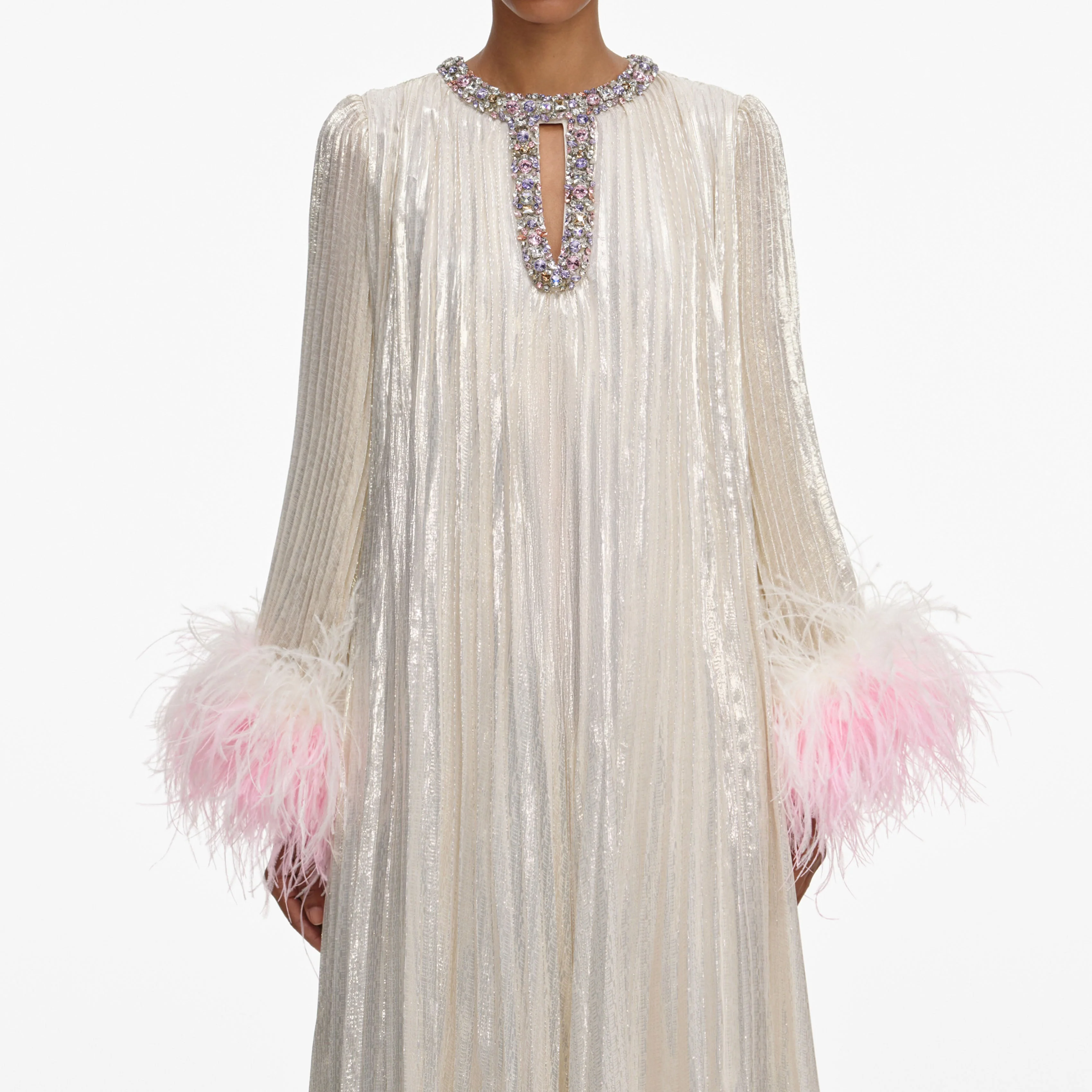 Champagne Metallic Ombre Feather Maxi Dress - Image 4
