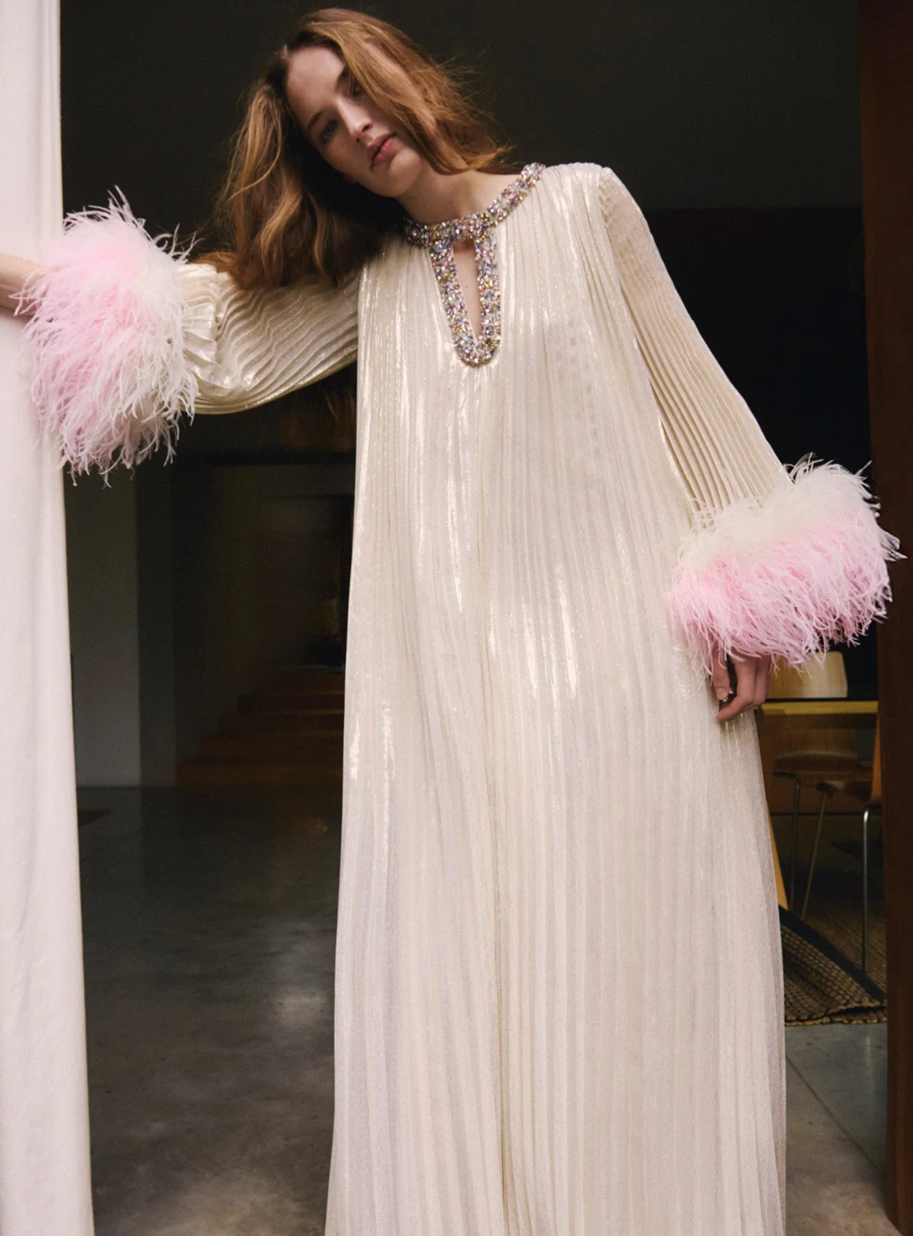 Champagne Metallic Ombre Feather Maxi Dress - Image 6