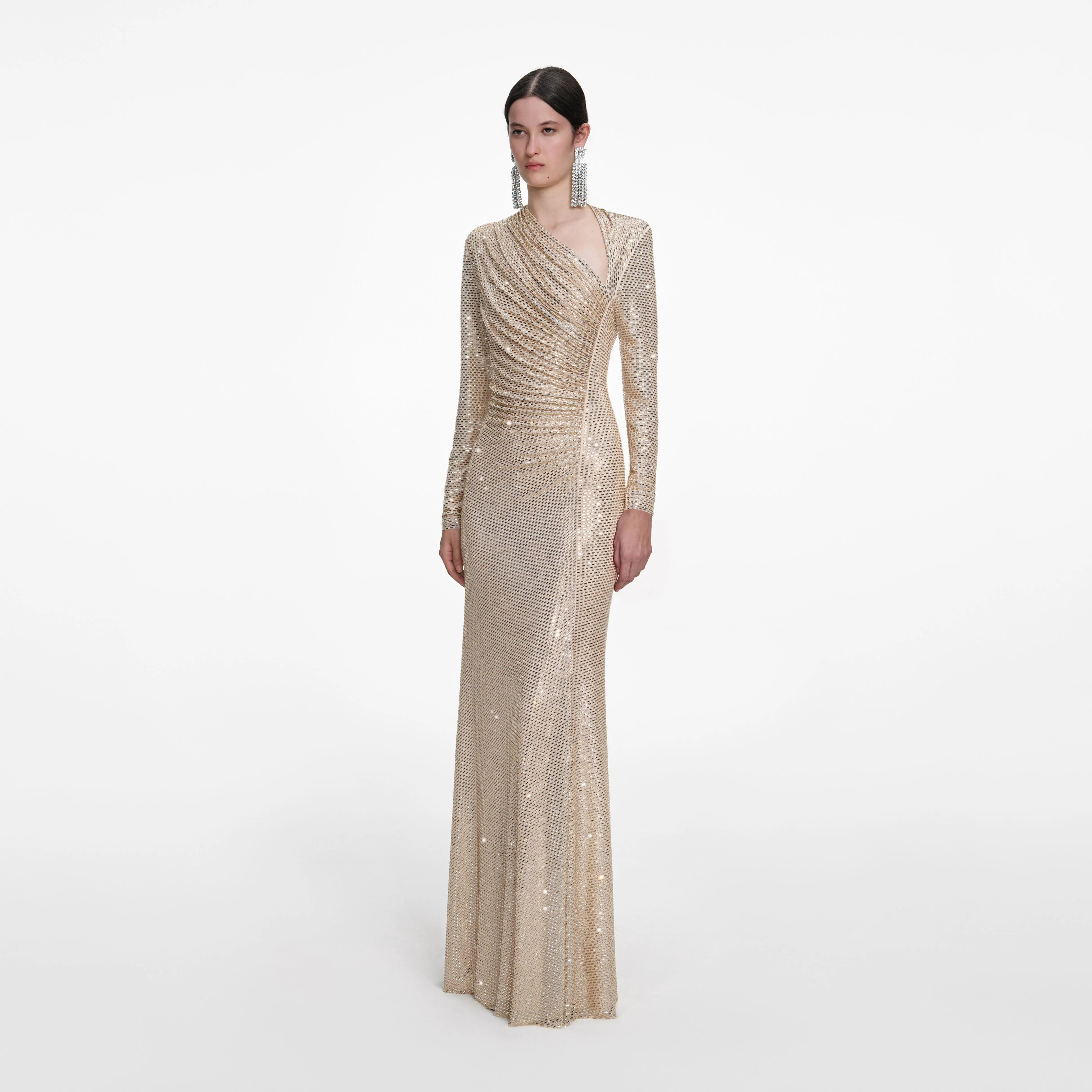 Champagne Rhinestone Drape Maxi Dress - Image 2