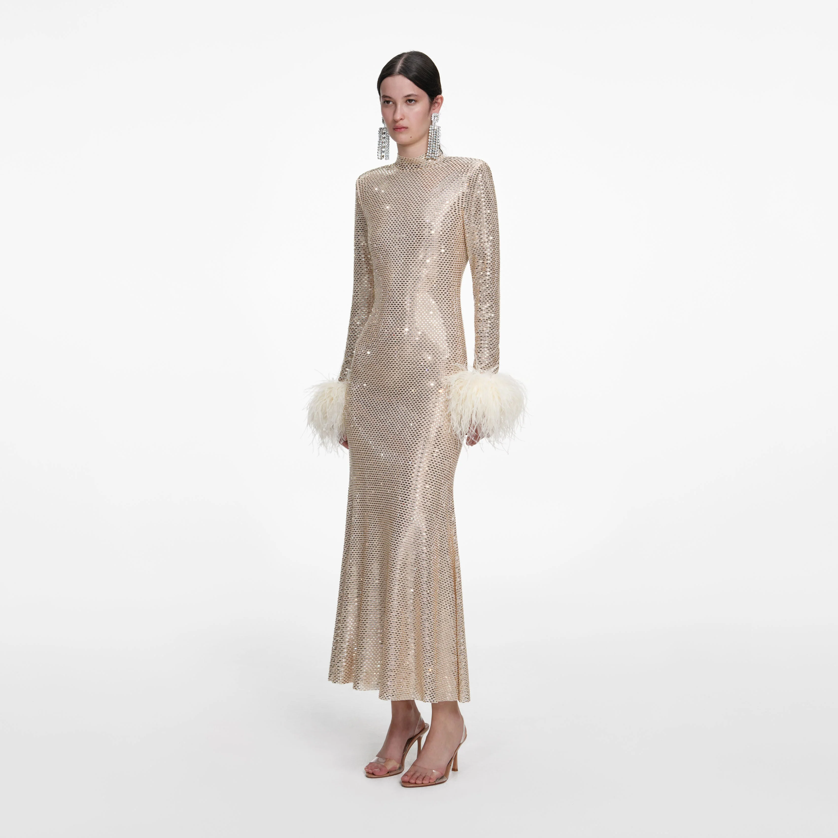 Champagne Rhinestone Feather Midi Dress - Image 2
